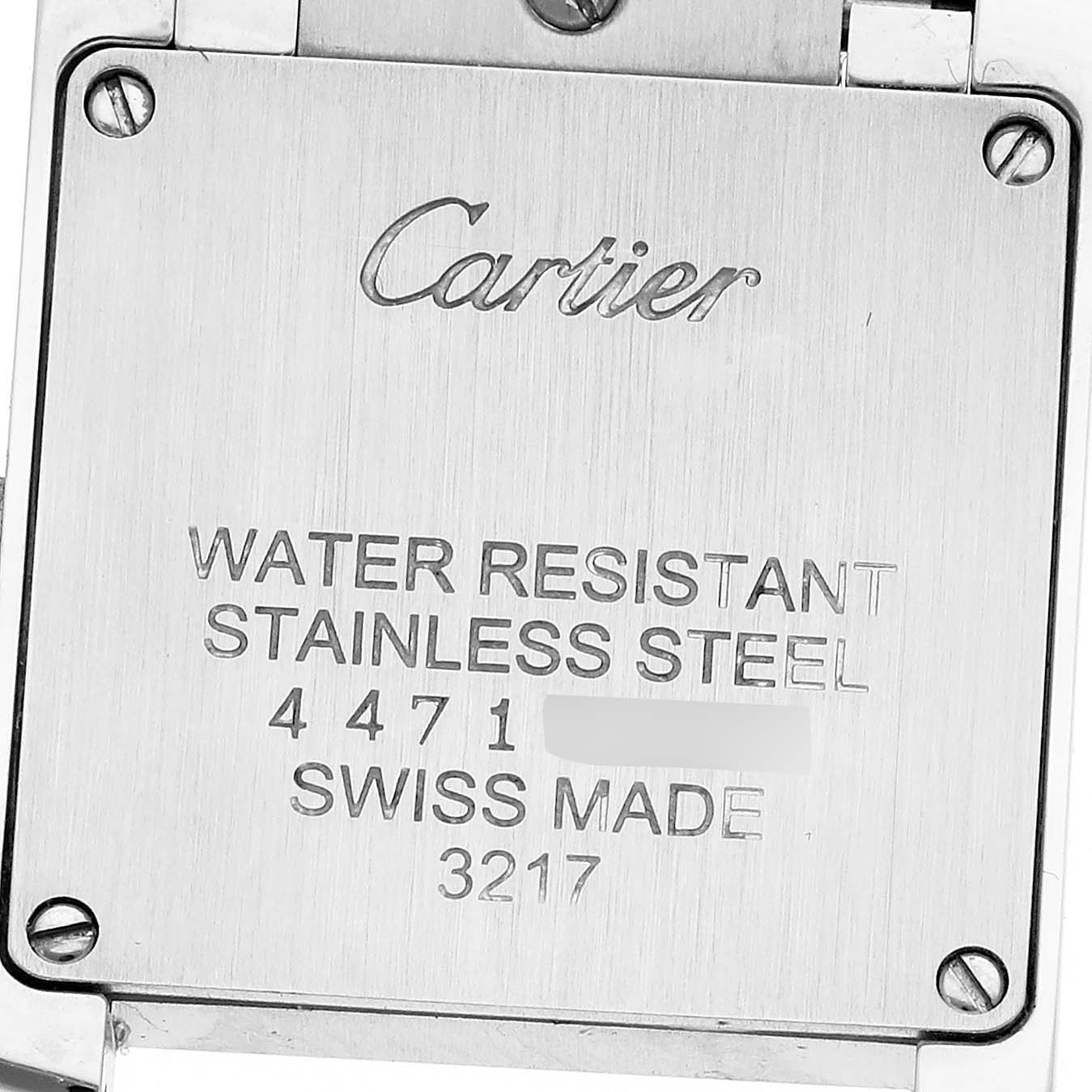 The image shows the back case of a Cartier Tank Francaise W4TA0008 Women's Stainless Steel Silver Dial W4TA0008 Women's Stainless Steel Silver Dial watch, featuring details like water resistance and material.