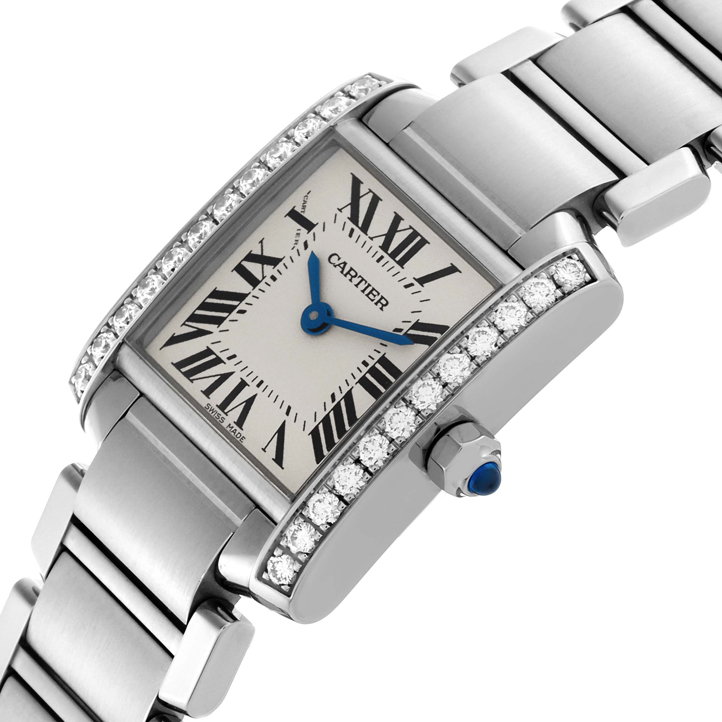 The Cartier Tank Francaise W4TA0008 Women's Stainless Steel Silver Dial W4TA0008 Women's Stainless Steel Silver Dial watch is shown at an angle highlighting the dial, diamond bezel, and bracelet.