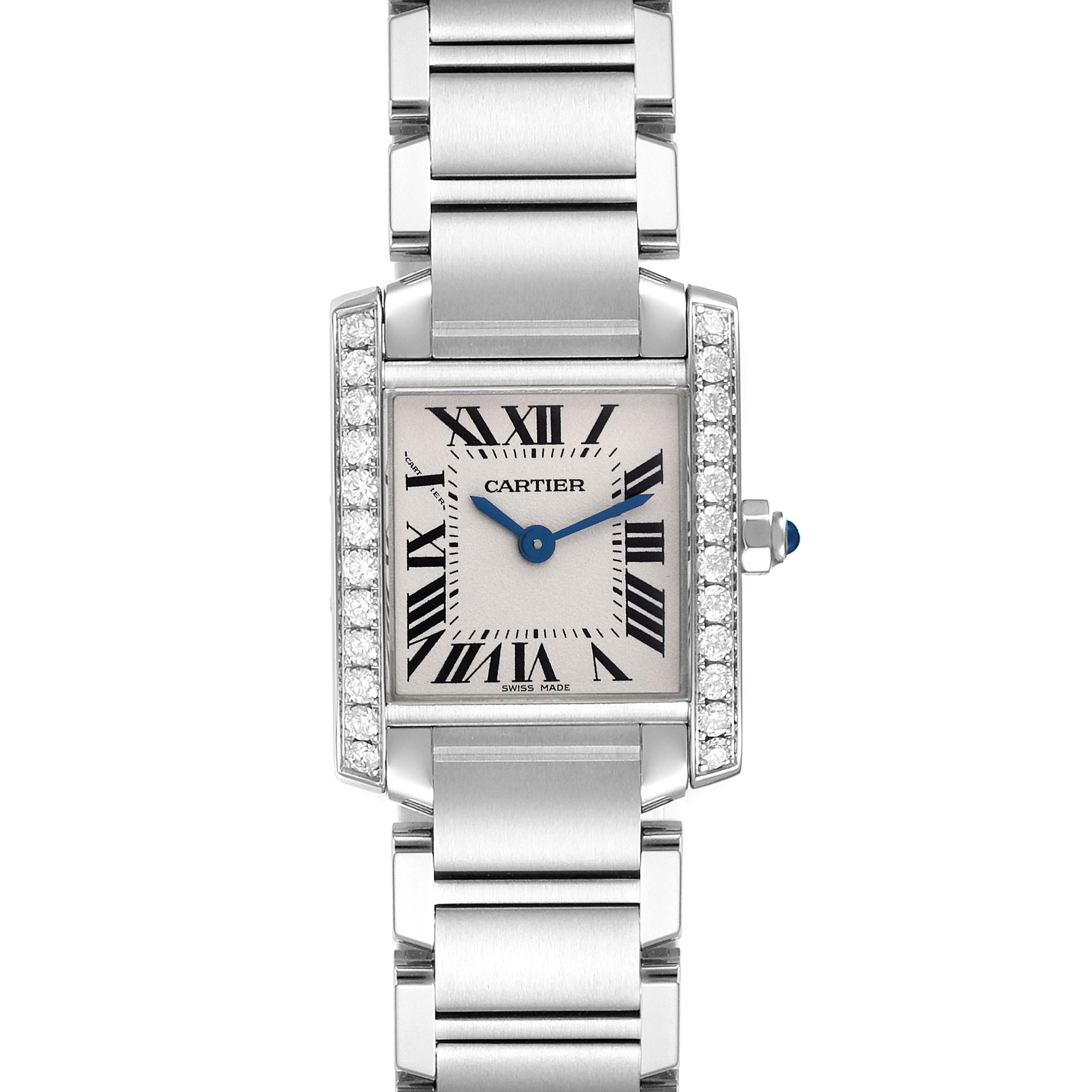 The Cartier Tank Française watch is shown from a top view, displaying its face, bracelet, and side crown.