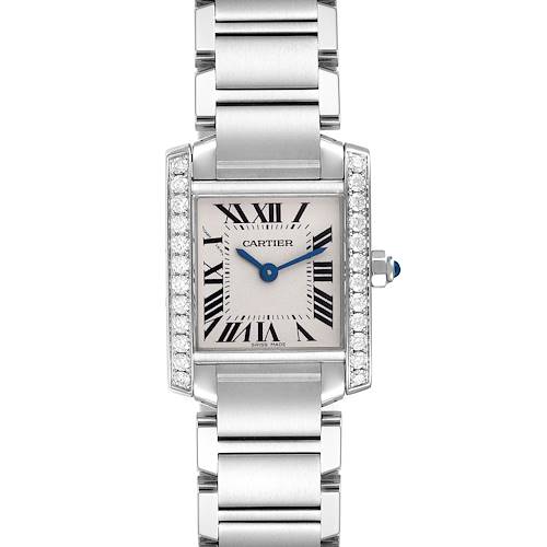 The Cartier Tank Française watch is shown from a top view, displaying the face, bracelet, and crown.