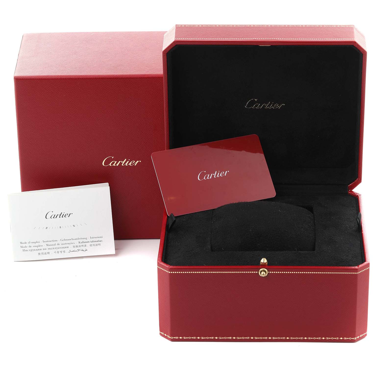 The Cartier Tank Française packaging is shown, including the red box, booklet, and authenticity card.