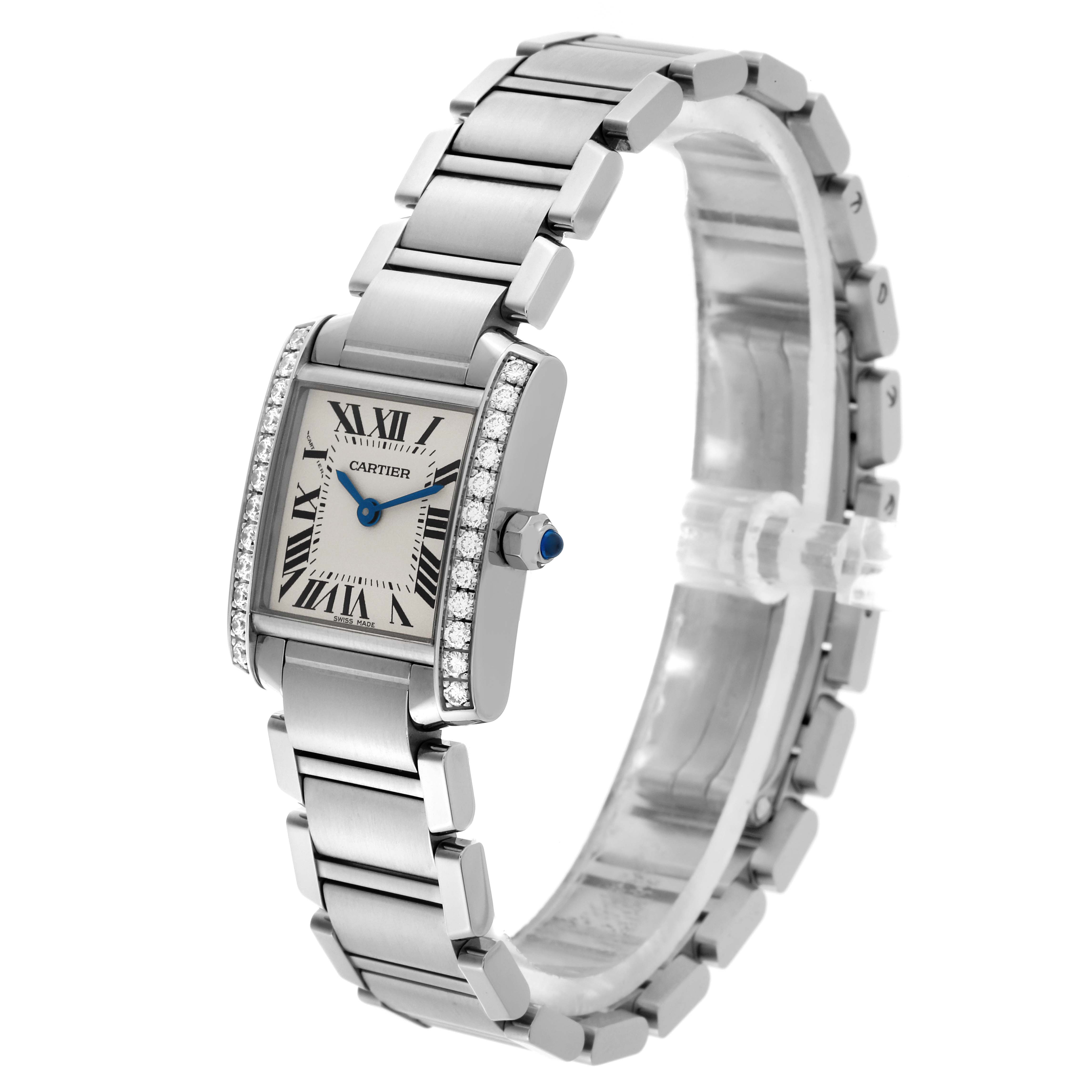 The Cartier Tank Francaise W4TA0008 Women's Stainless Steel Silver Dial W4TA0008 Women's Stainless Steel Silver Dial watch is shown at a front-side angle, highlighting its face, bracelet, and jeweled edges.