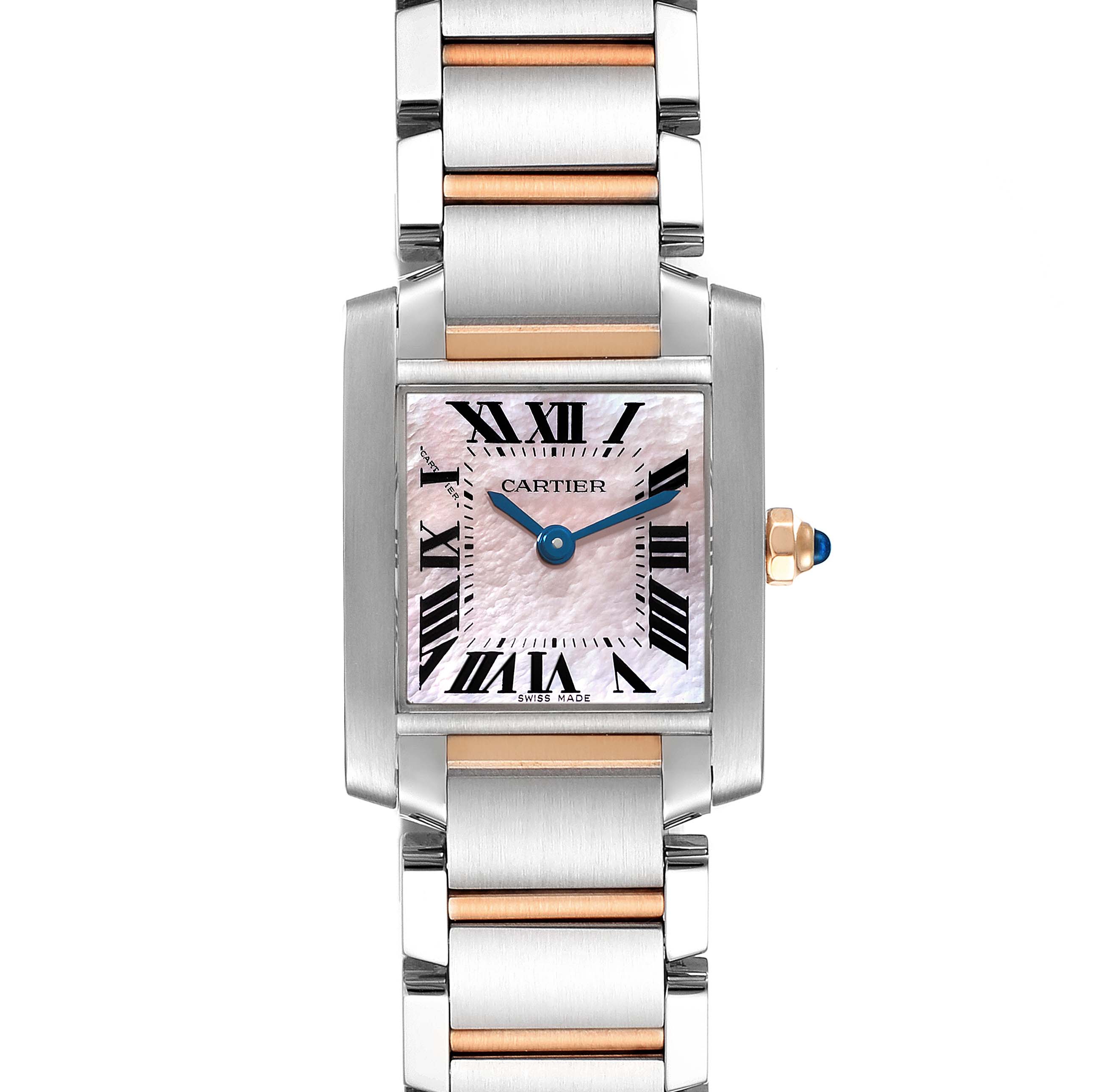 The image shows a front view of a Cartier Tank Francaise W51027Q4 Women's Steel and Gold (two tone) Mother of Pearl Dial W51027Q4 Women's Steel and Gold (two tone) Mother of Pearl Dial watch, highlighting the dial, bracelet, and crown.