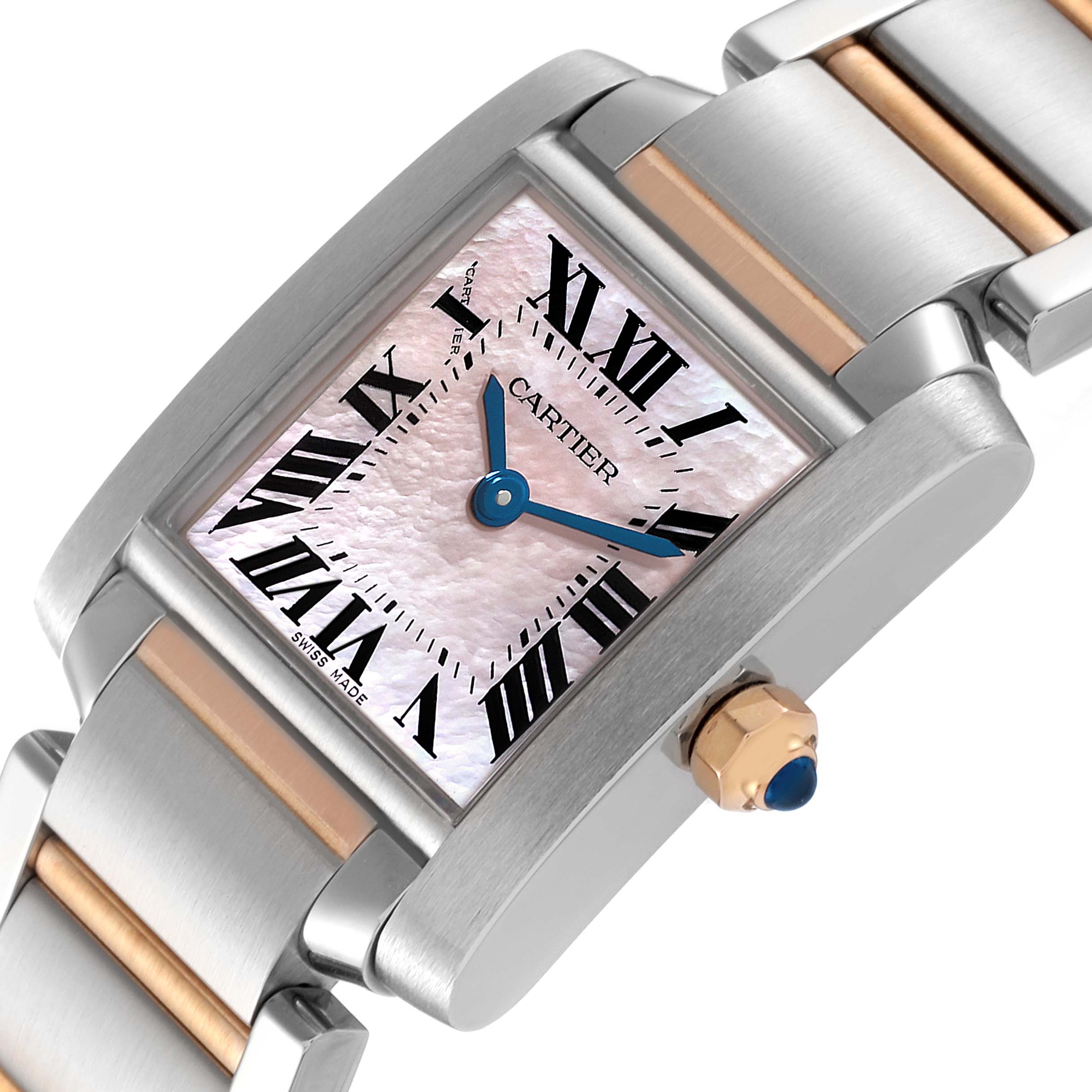 The image shows a close-up, angled view of the Cartier Tank Francaise W51027Q4 Women's Steel and Gold (two tone) Mother of Pearl Dial W51027Q4 Women's Steel and Gold (two tone) Mother of Pearl Dial watch, highlighting its face, crown, and bracelet.