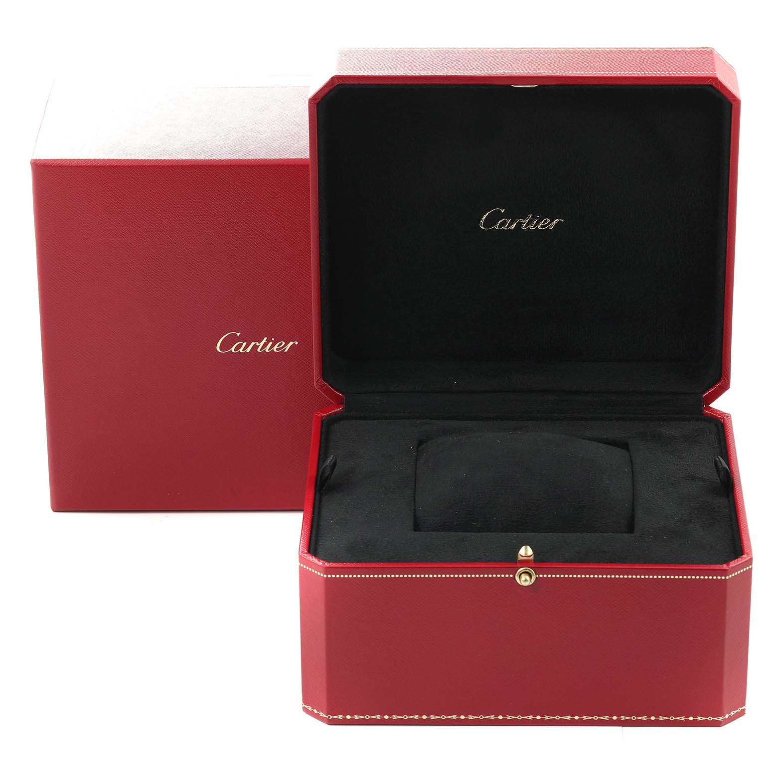The image shows an open red Cartier watch box for the Tank Francaise model, alongside its outer box.