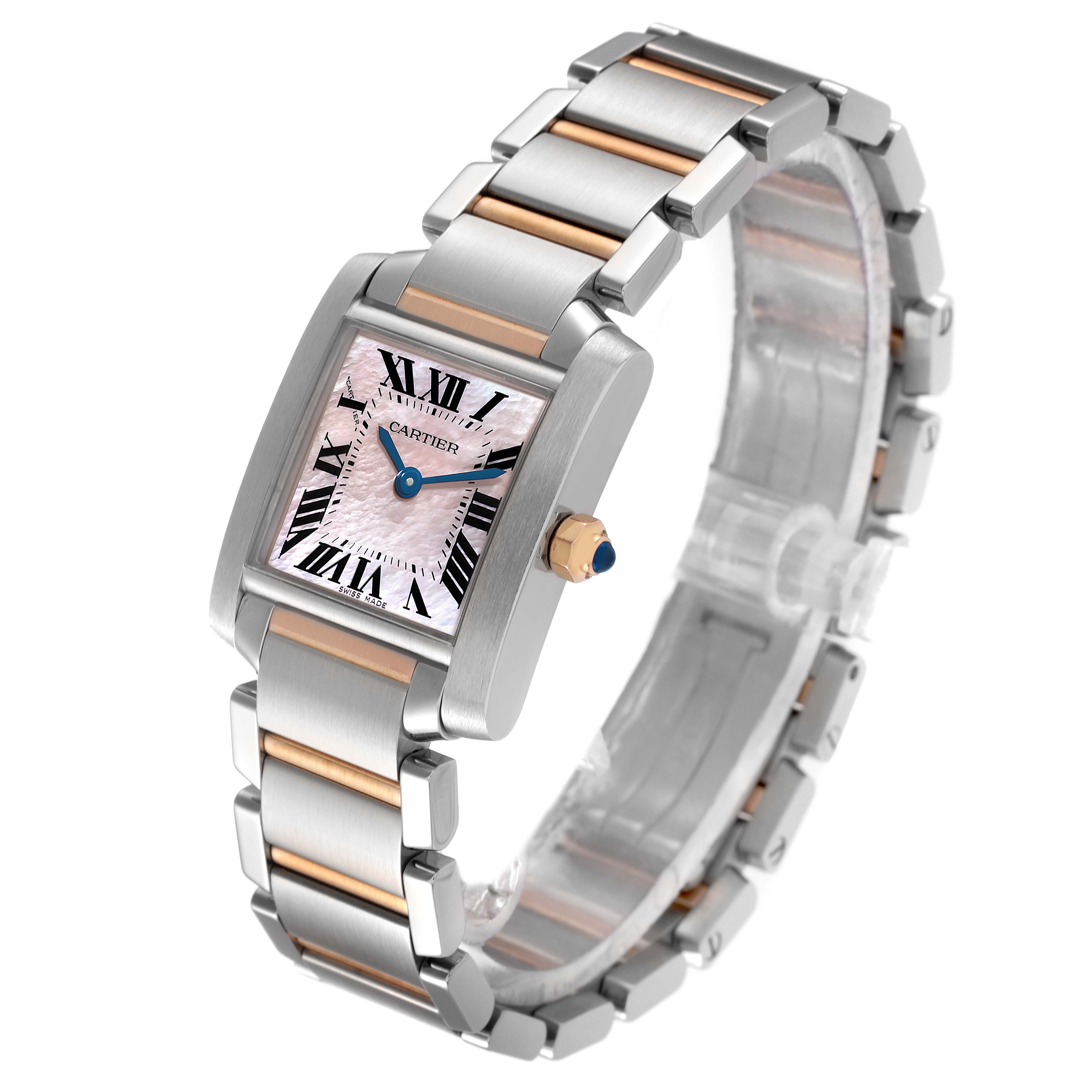 This image shows a Cartier Tank Francaise W51027Q4 Women's Steel and Gold (two tone) Mother of Pearl Dial W51027Q4 Women's Steel and Gold (two tone) Mother of Pearl Dial watch at a three-quarter angle, highlighting its face, bracelet, and crown.