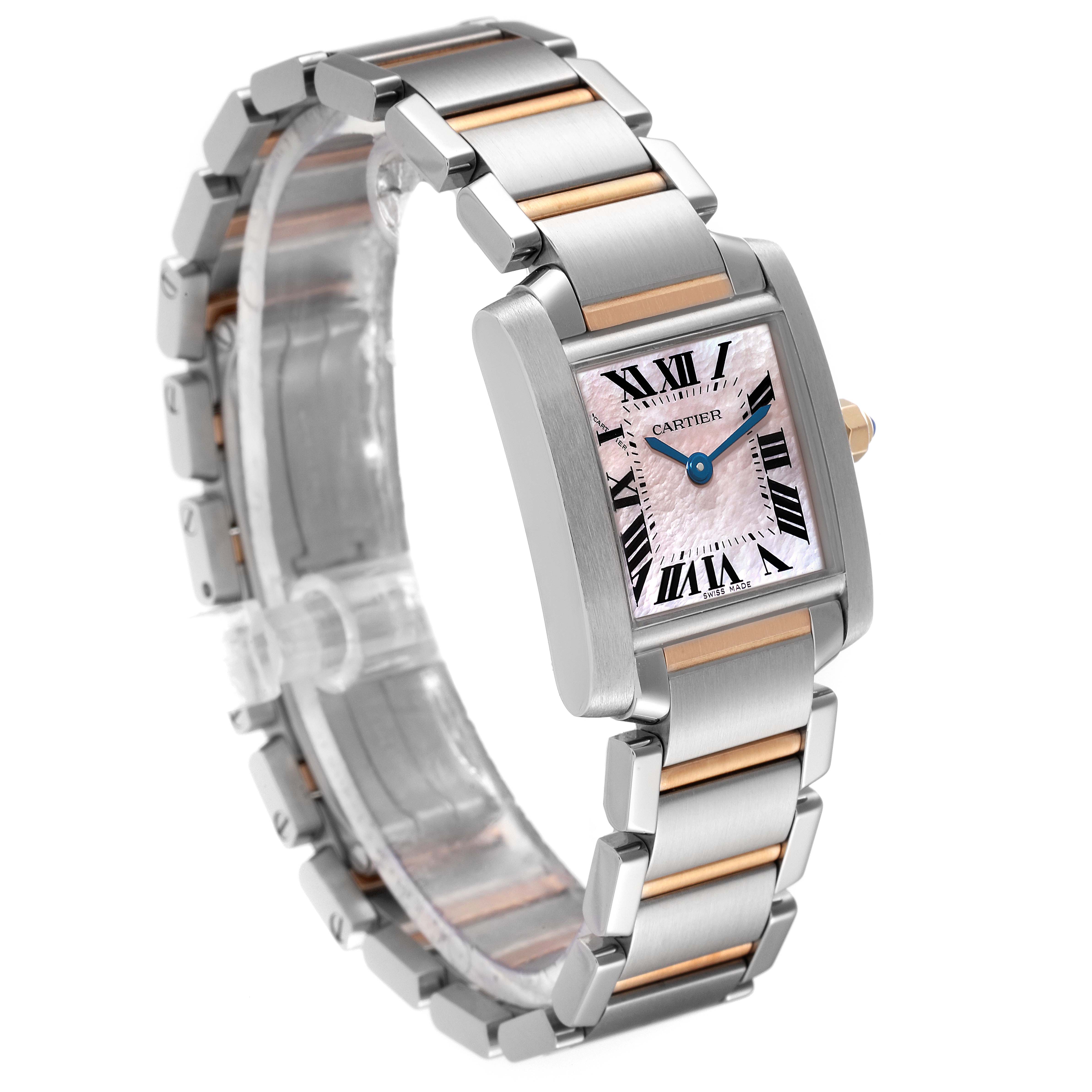 The Tank Francaise by Cartier is shown at an oblique angle, highlighting its bracelet, rectangular case, and pink dial with Roman numerals.