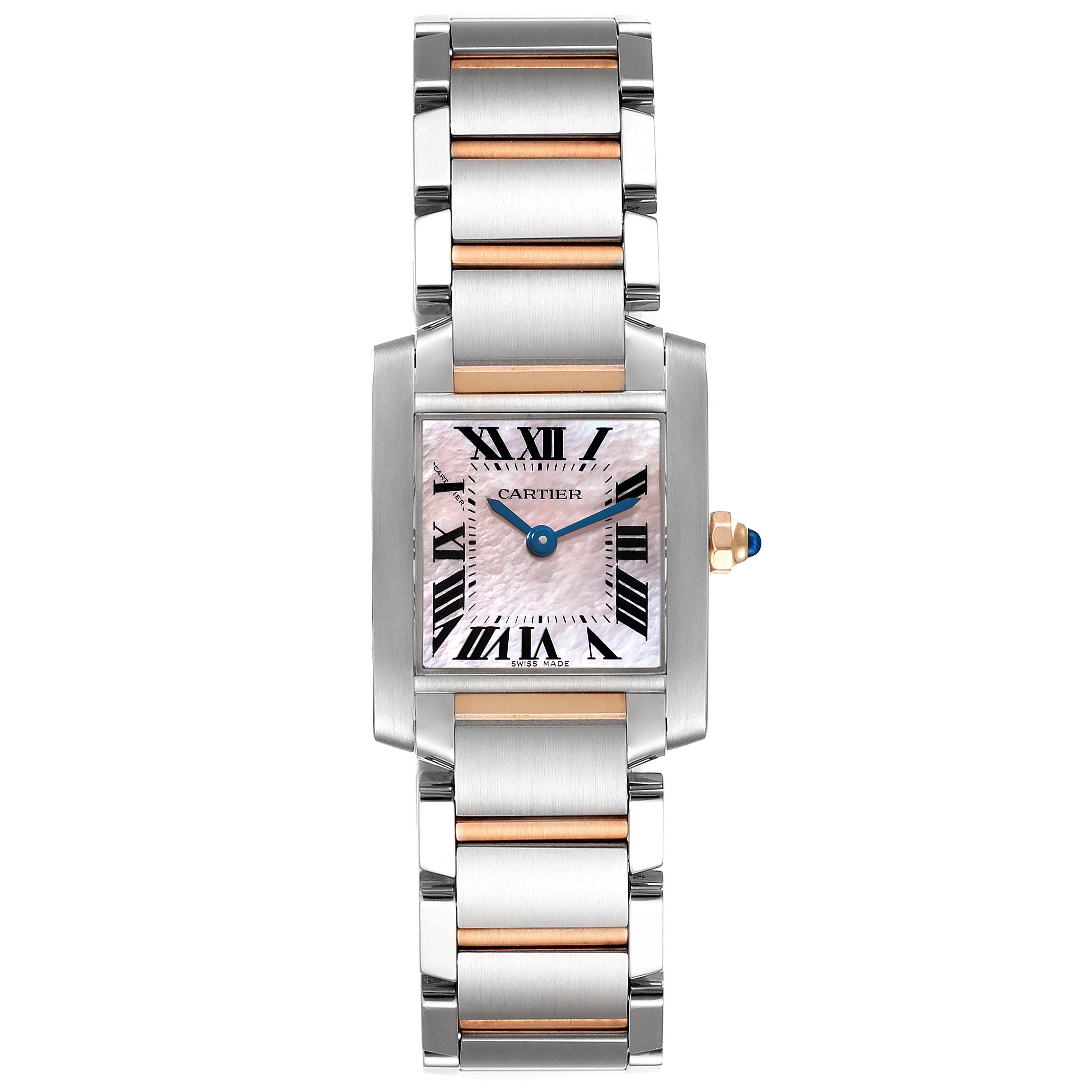 The image shows a front view of the Cartier Tank Française watch, highlighting its silver-gold bracelet, rectangular case, and Roman numeral dial.