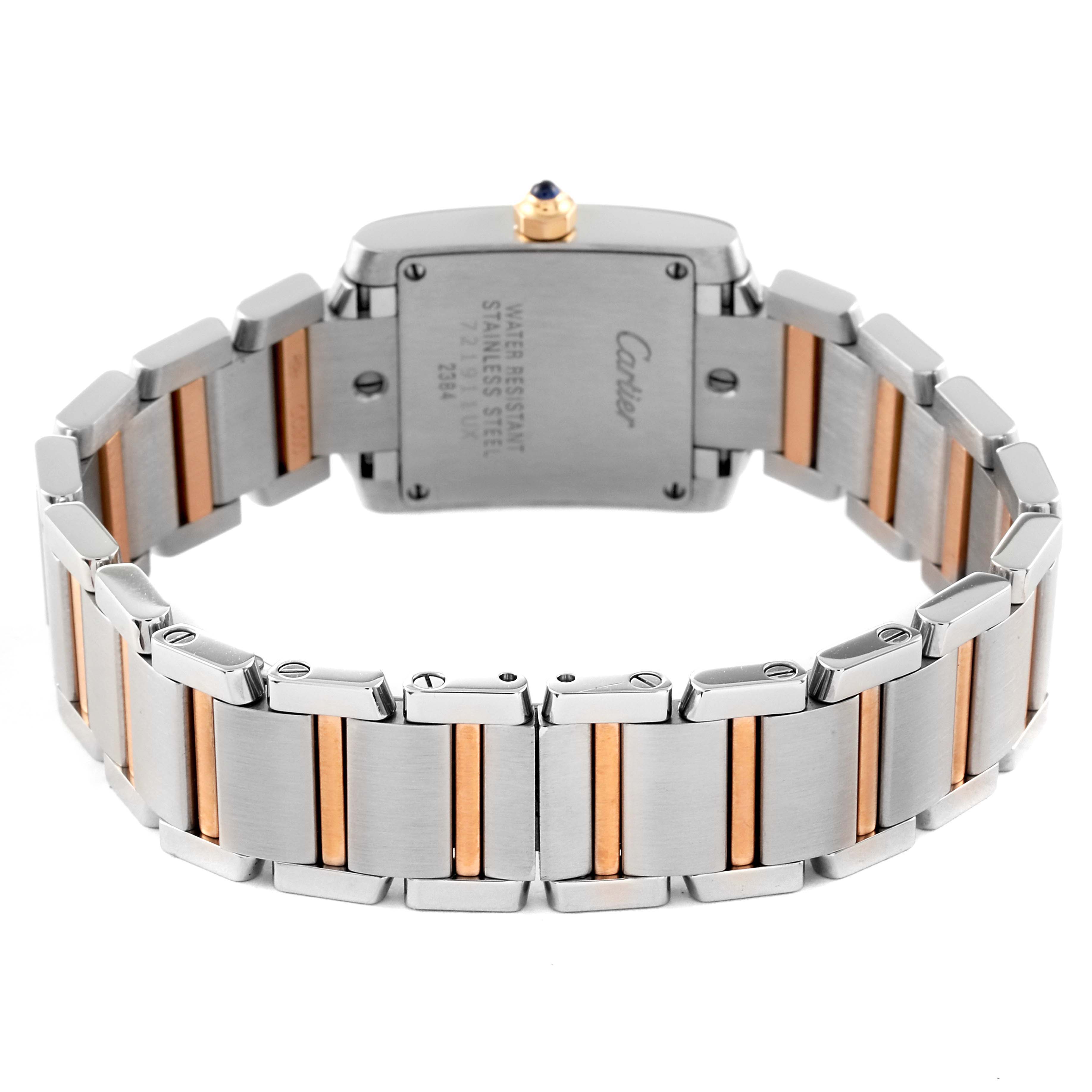 The image shows the back view of a Cartier Tank Francaise W51027Q4 Women's Steel and Gold (two tone) Mother of Pearl Dial W51027Q4 Women's Steel and Gold (two tone) Mother of Pearl Dial watch, highlighting the two-tone bracelet and case back details.