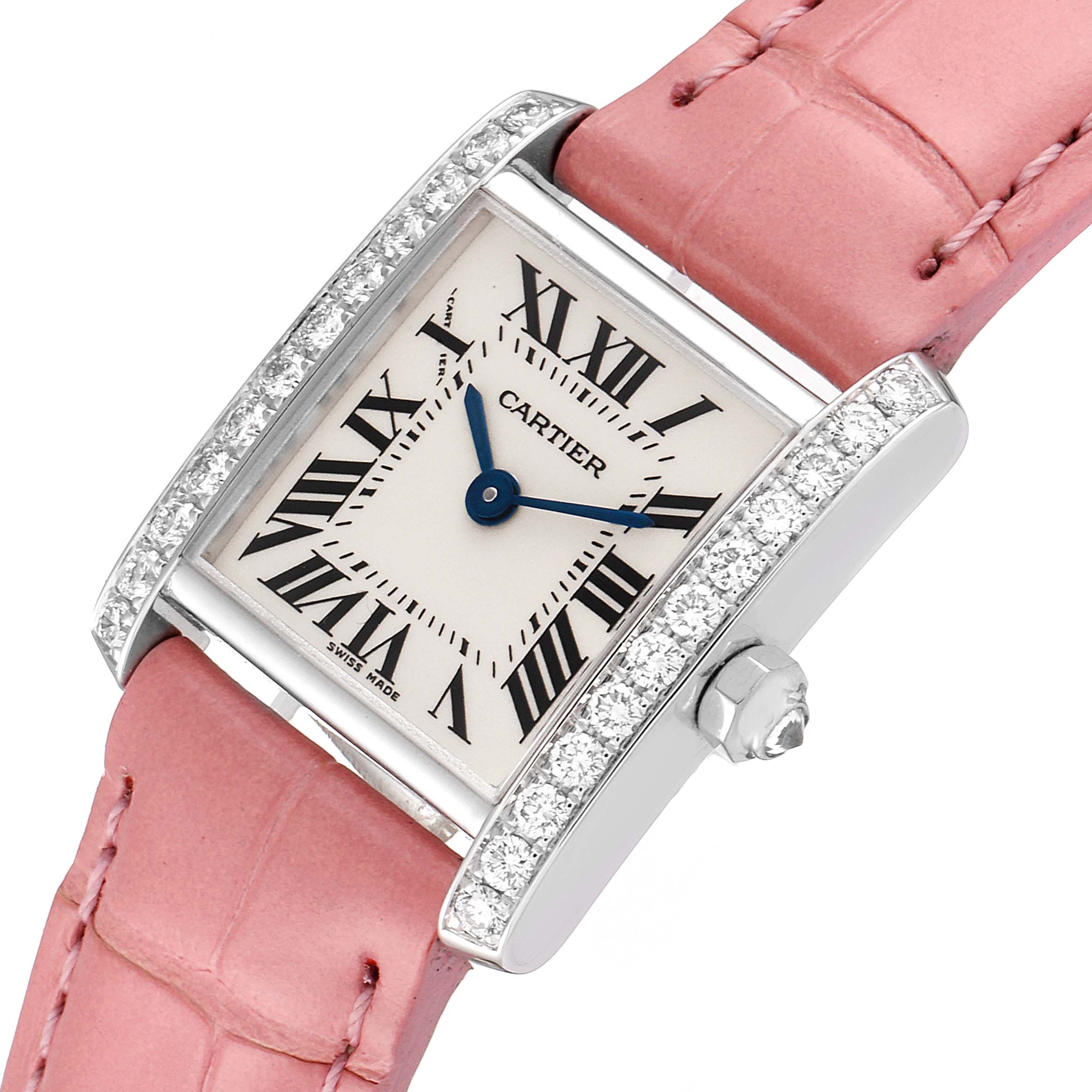 The Cartier Tank Francaise WE100251 Women
s White Gold Silver Dial WE100251 Women
s White Gold Silver Dial watch is shown at an angled close-up, highlighting its diamond-encrusted bezel and pink leather strap.