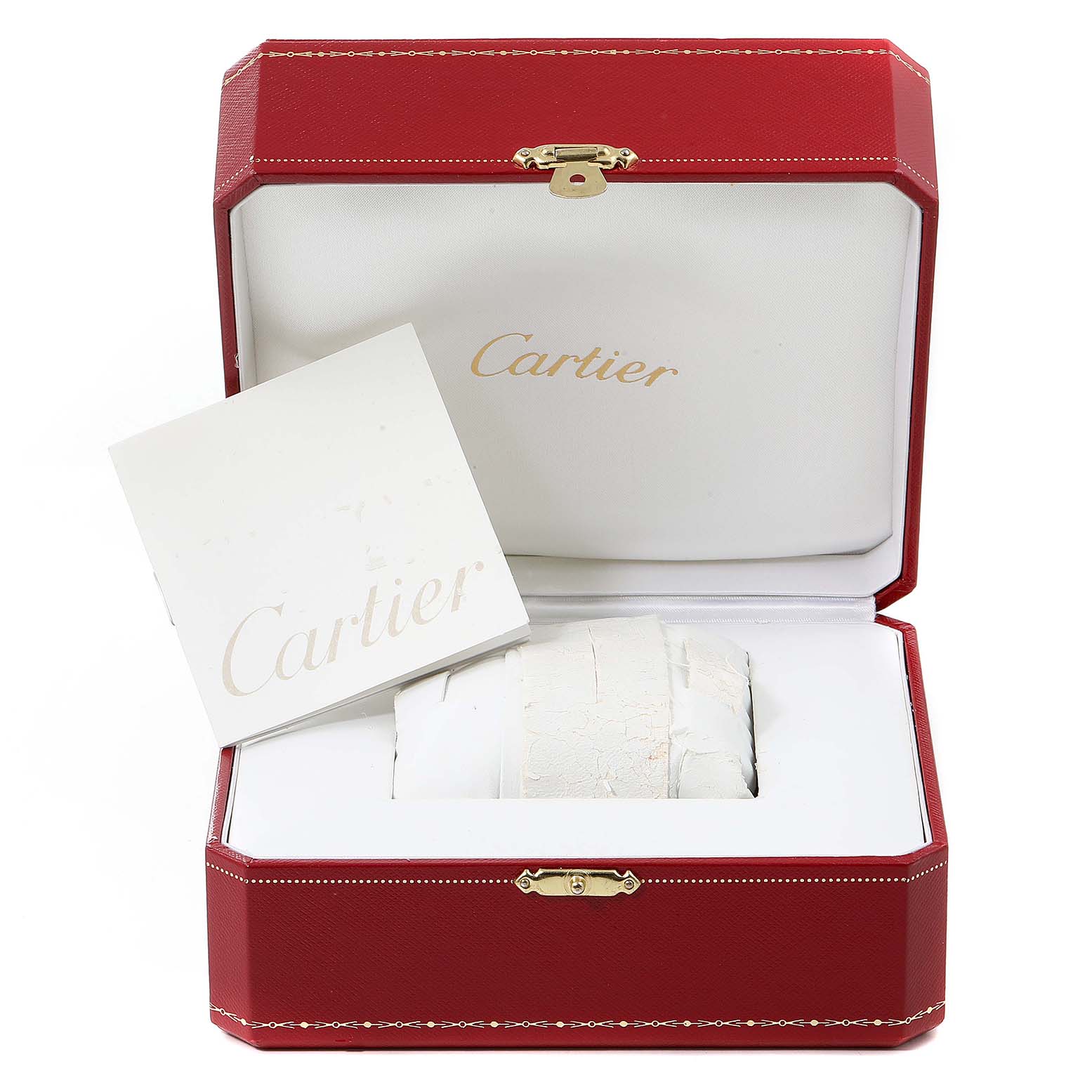 The image shows a Tank Francaise model by Cartier, which includes the watch box, a cushion, and paperwork inside the open watch box.