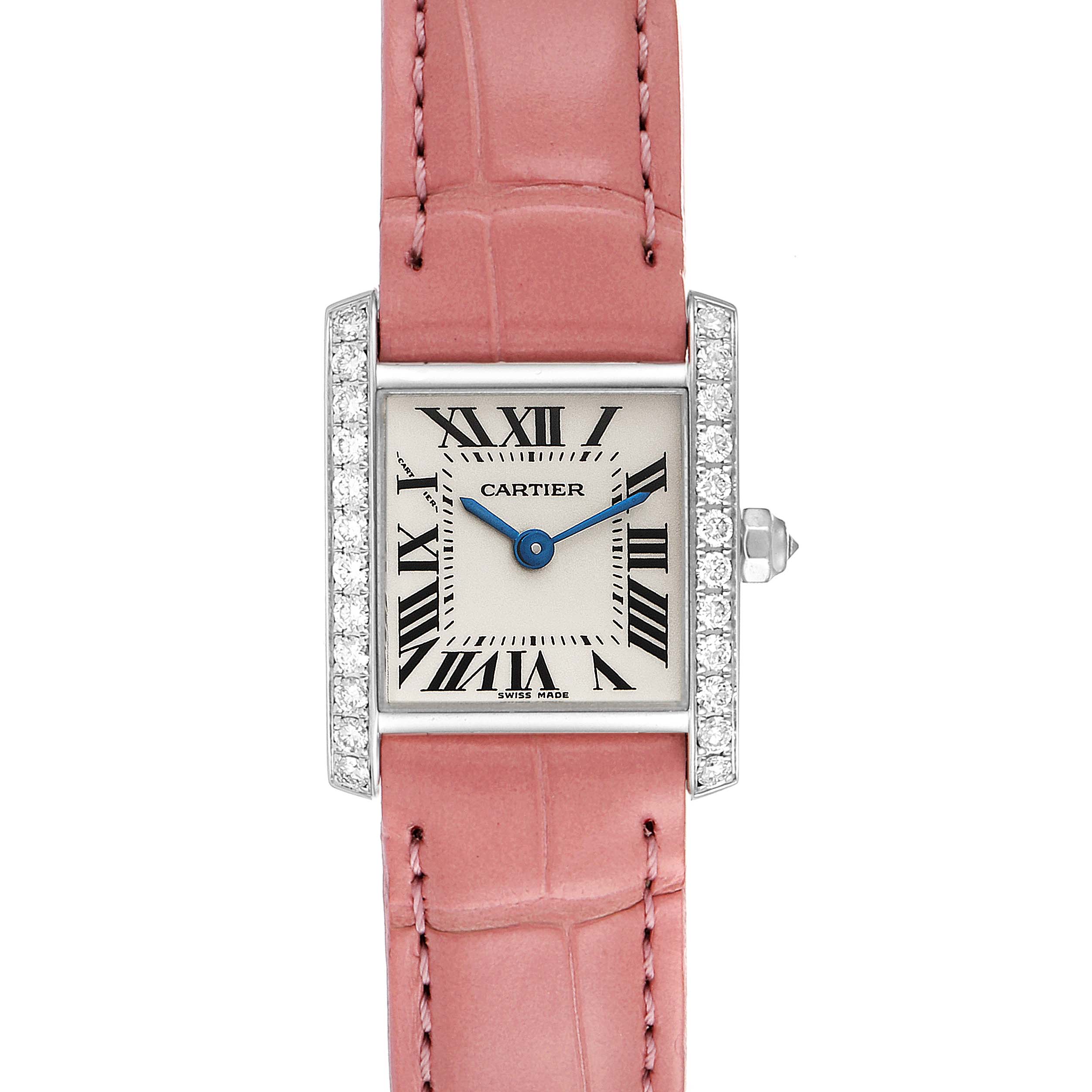 This Cartier Tank Francaise WE100251 Women
s White Gold Silver Dial WE100251 Women
s White Gold Silver Dial watch is shown from the front, displaying the rectangular case, Roman numeral dial, diamond accents, and pink leather strap.