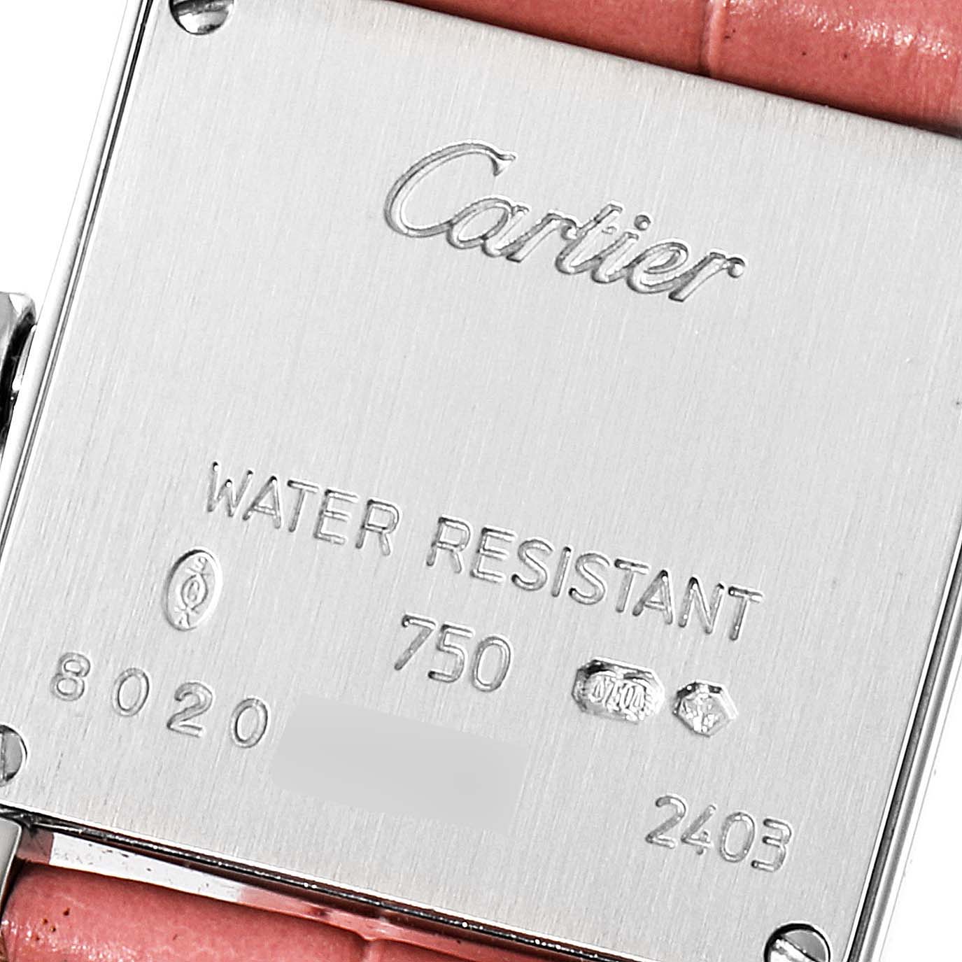 The image shows the back case of a Cartier Tank Française watch, detailing water resistance and various inscriptions.