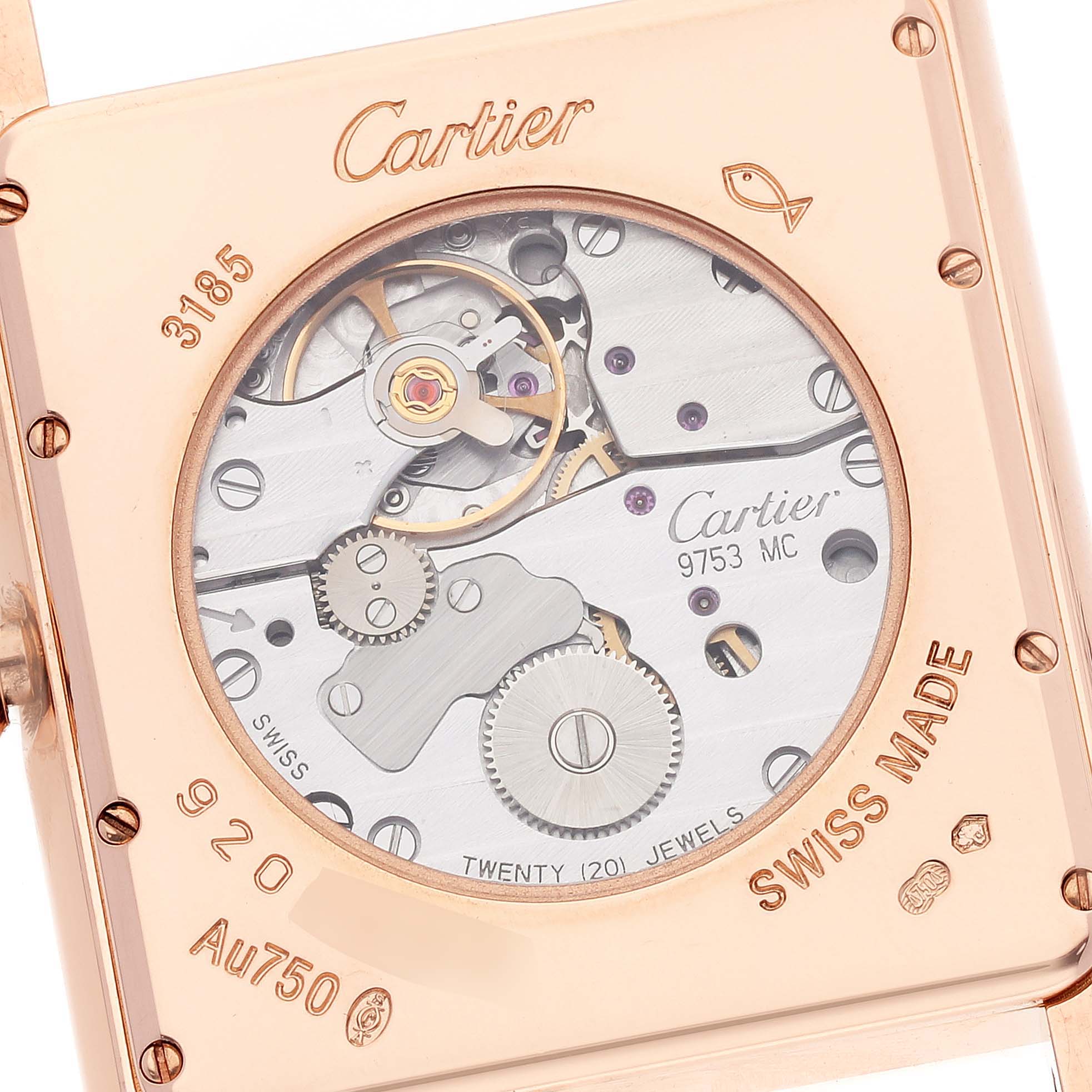 The image shows a close-up view of the back and inner mechanical parts of a Cartier Tank Louis W1560003 Men's Rose Gold Silver Dial W1560003 Men's Rose Gold Silver Dial watch.