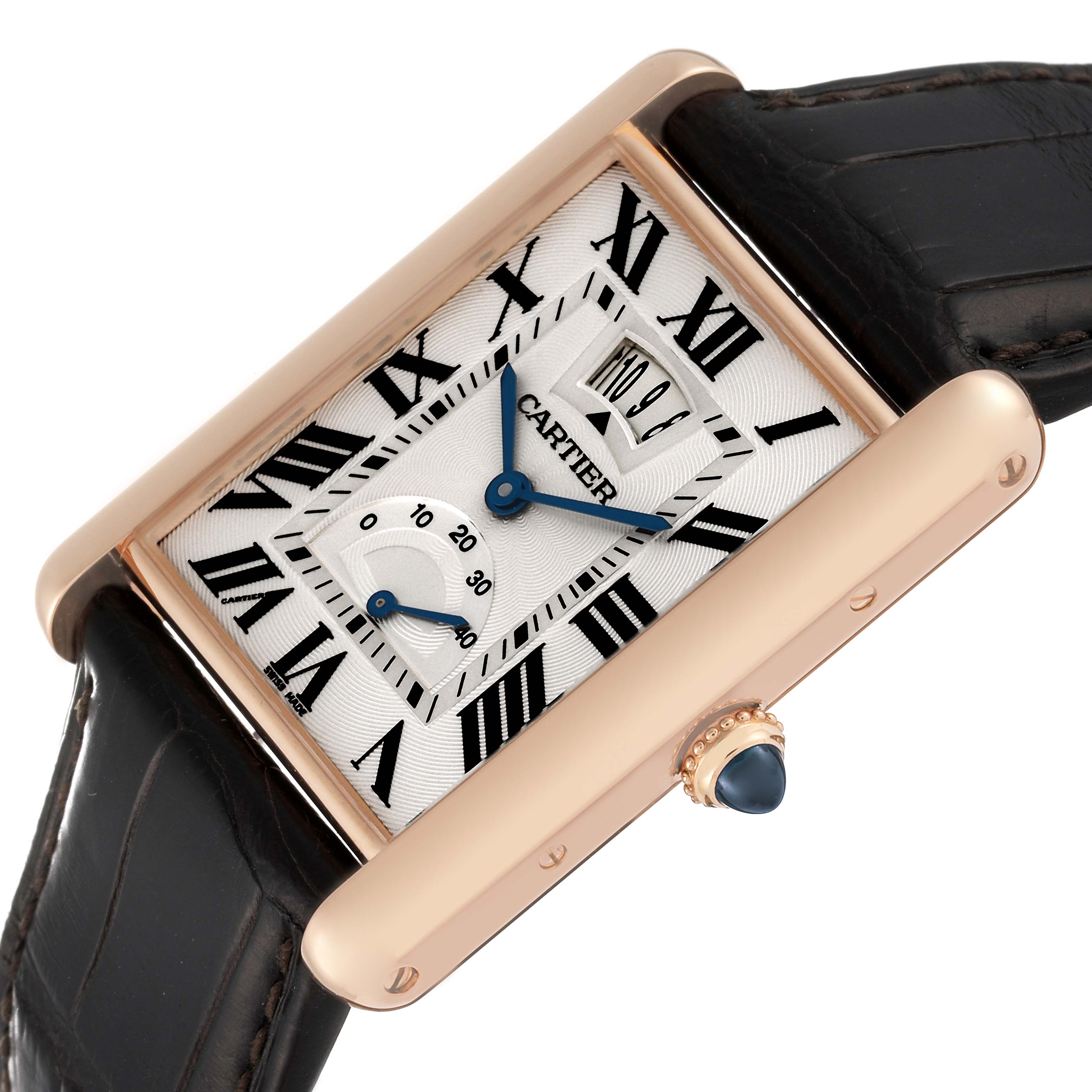 The image shows a Cartier Tank Louis W1560003 Men's Rose Gold Silver Dial W1560003 Men's Rose Gold Silver Dial watch from an angled top view, displaying the dial, crown, and leather strap.