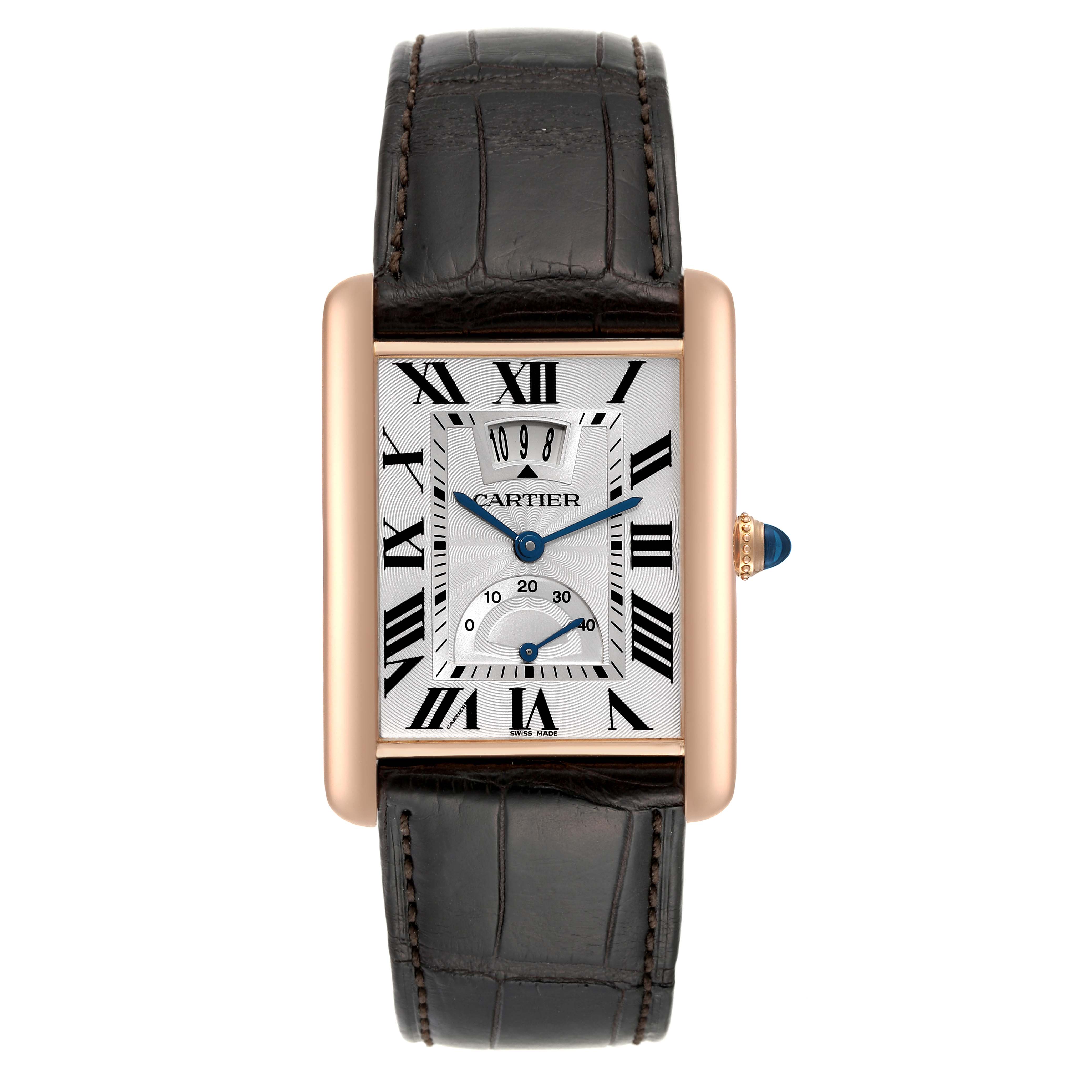 The Tank Louis model by Cartier is shown from a top-down view, displaying its rectangular face, Roman numerals, and leather strap.