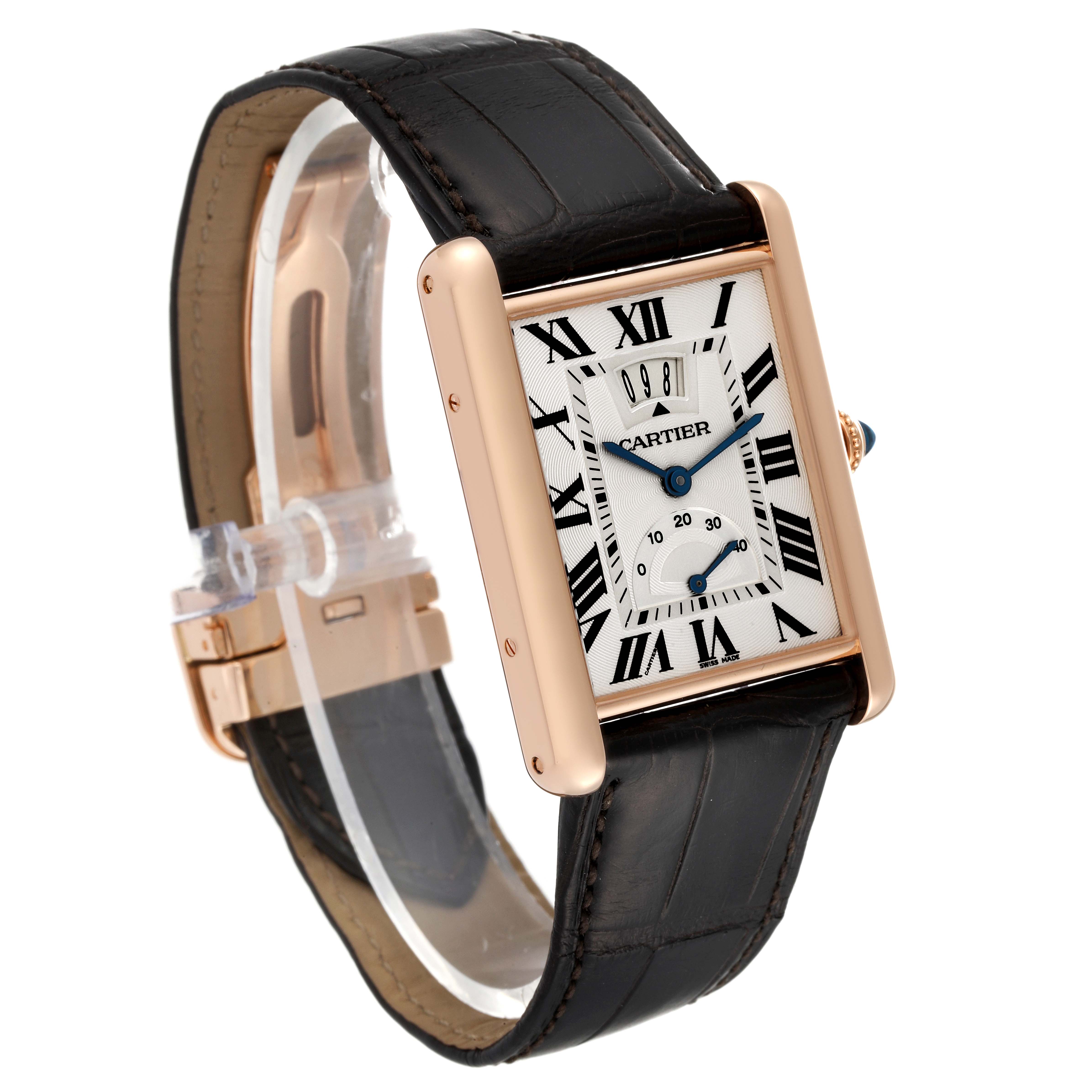 The image shows a Cartier Tank Louis W1560003 Men's Rose Gold Silver Dial W1560003 Men's Rose Gold Silver Dial model watch at a slight angle, highlighting its rectangular face, leather strap, and clasp.