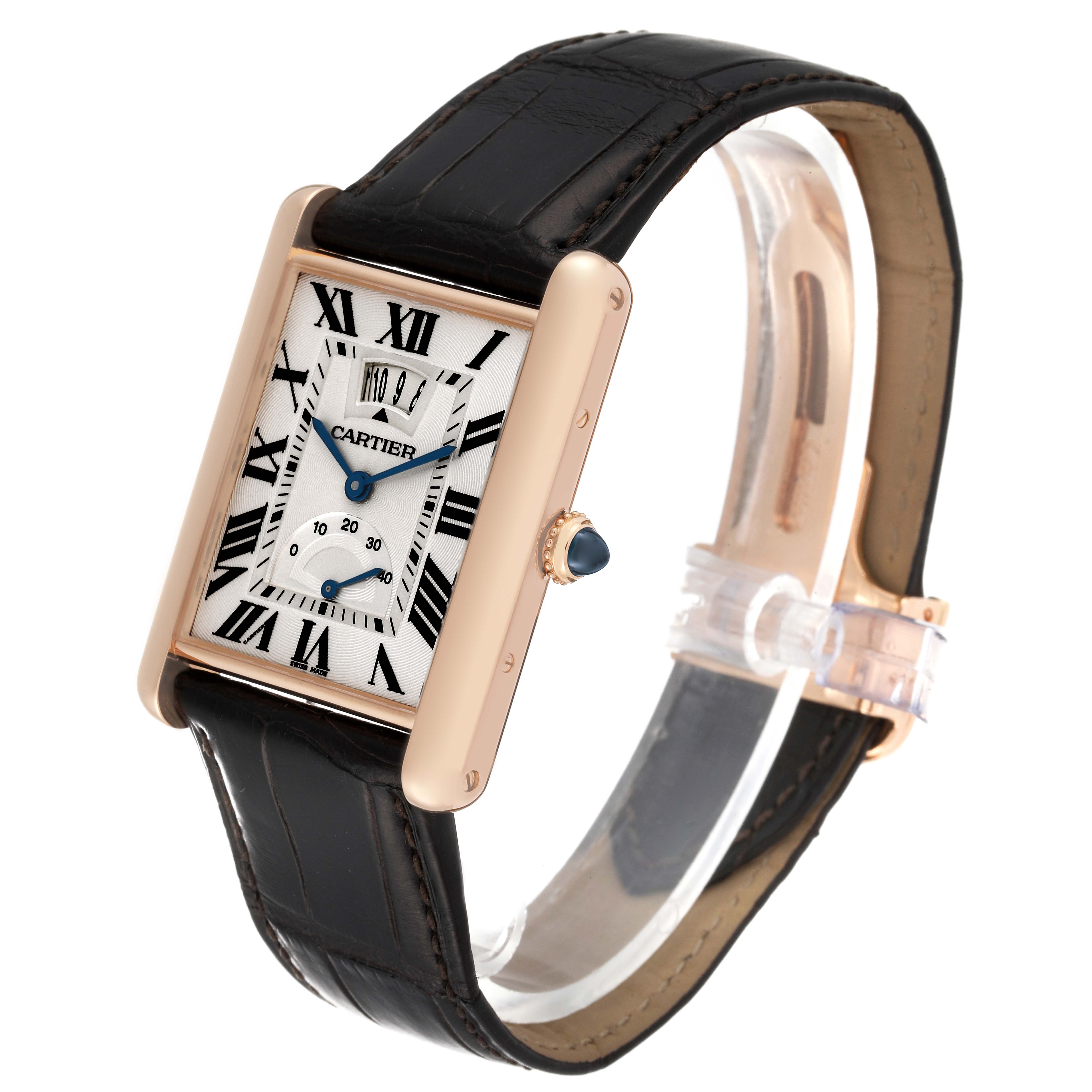 The image shows a Cartier Tank Louis W1560003 Men's Rose Gold Silver Dial W1560003 Men's Rose Gold Silver Dial watch from a slightly angled front view, displaying the face and part of the leather strap.