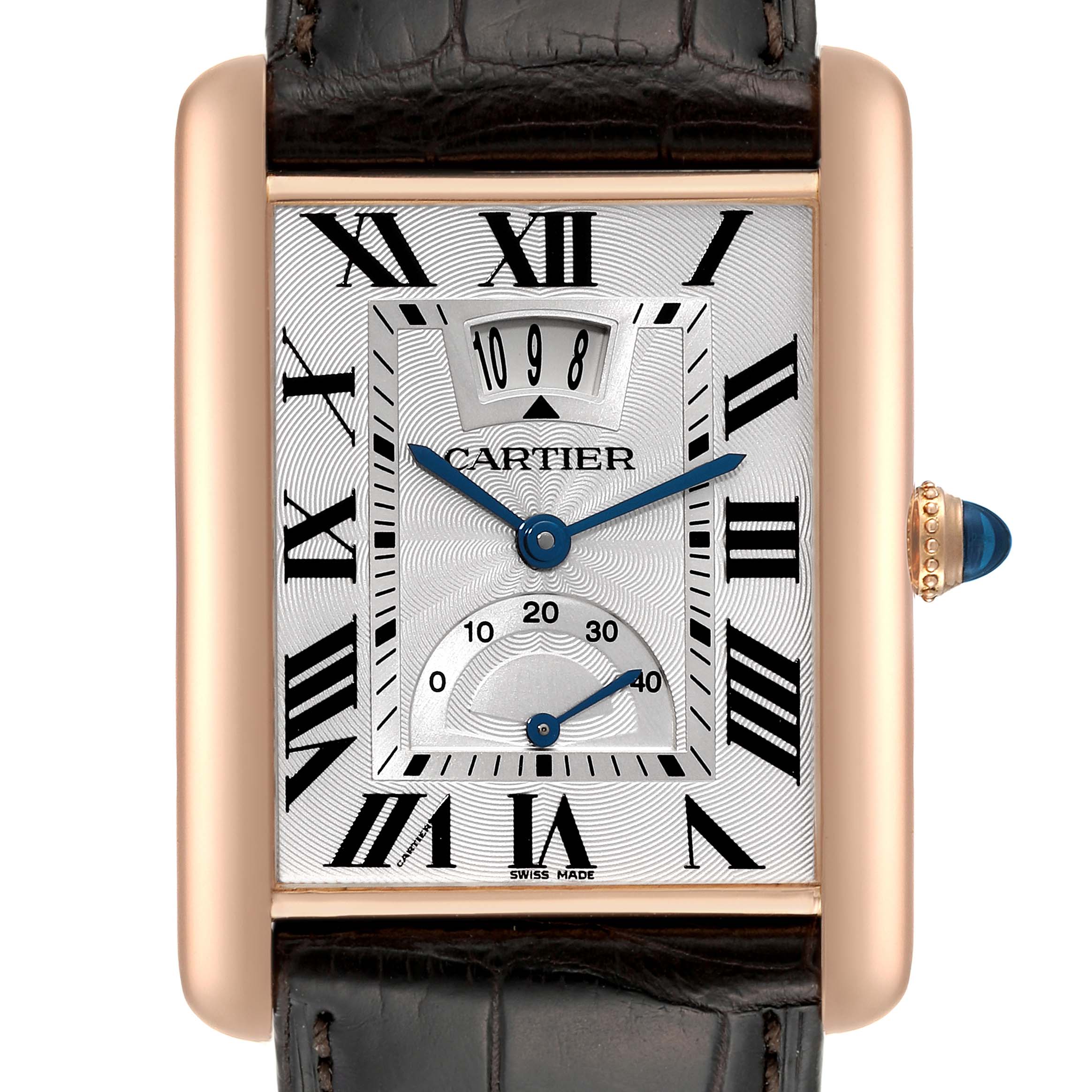 This image shows a close-up, front view of a Tank Louis Cartier watch featuring a rectangular face with Roman numerals and a leather strap.