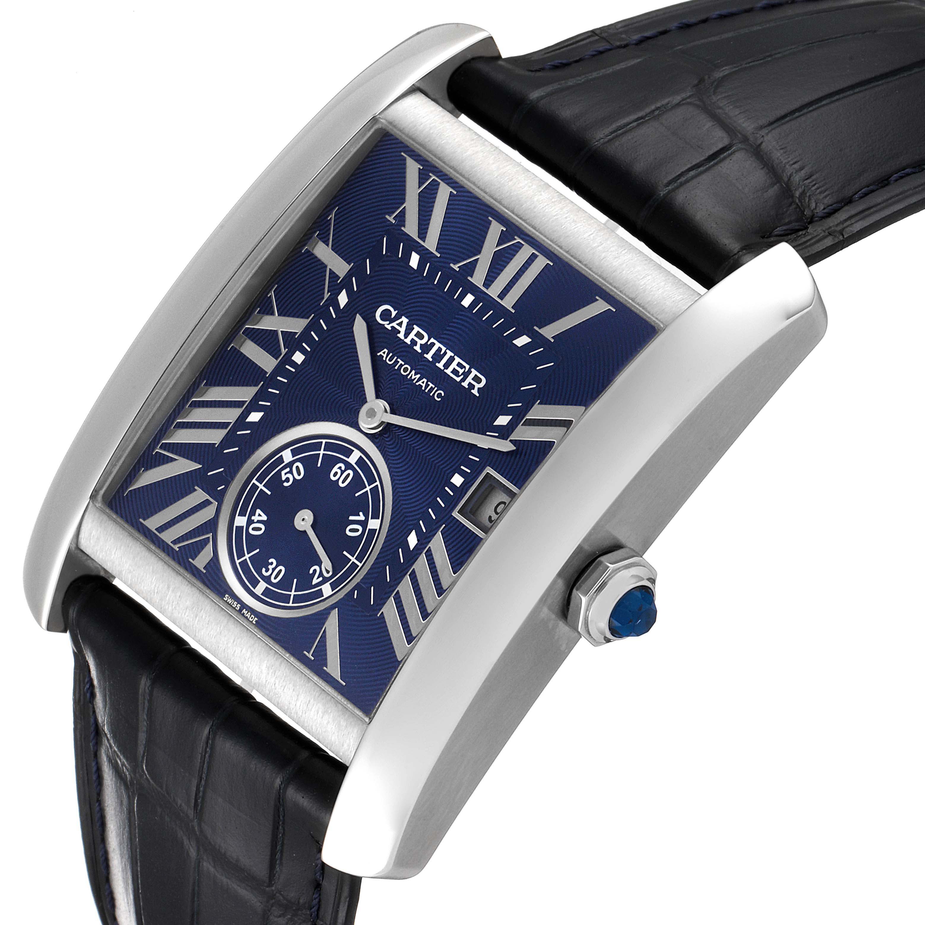 The image shows a close-up, angled view of a Cartier Tank MC WSTA0010 Men's Stainless Steel Blue Dial WSTA0010 Men's Stainless Steel Blue Dial watch, highlighting its dial, case, and leather strap.