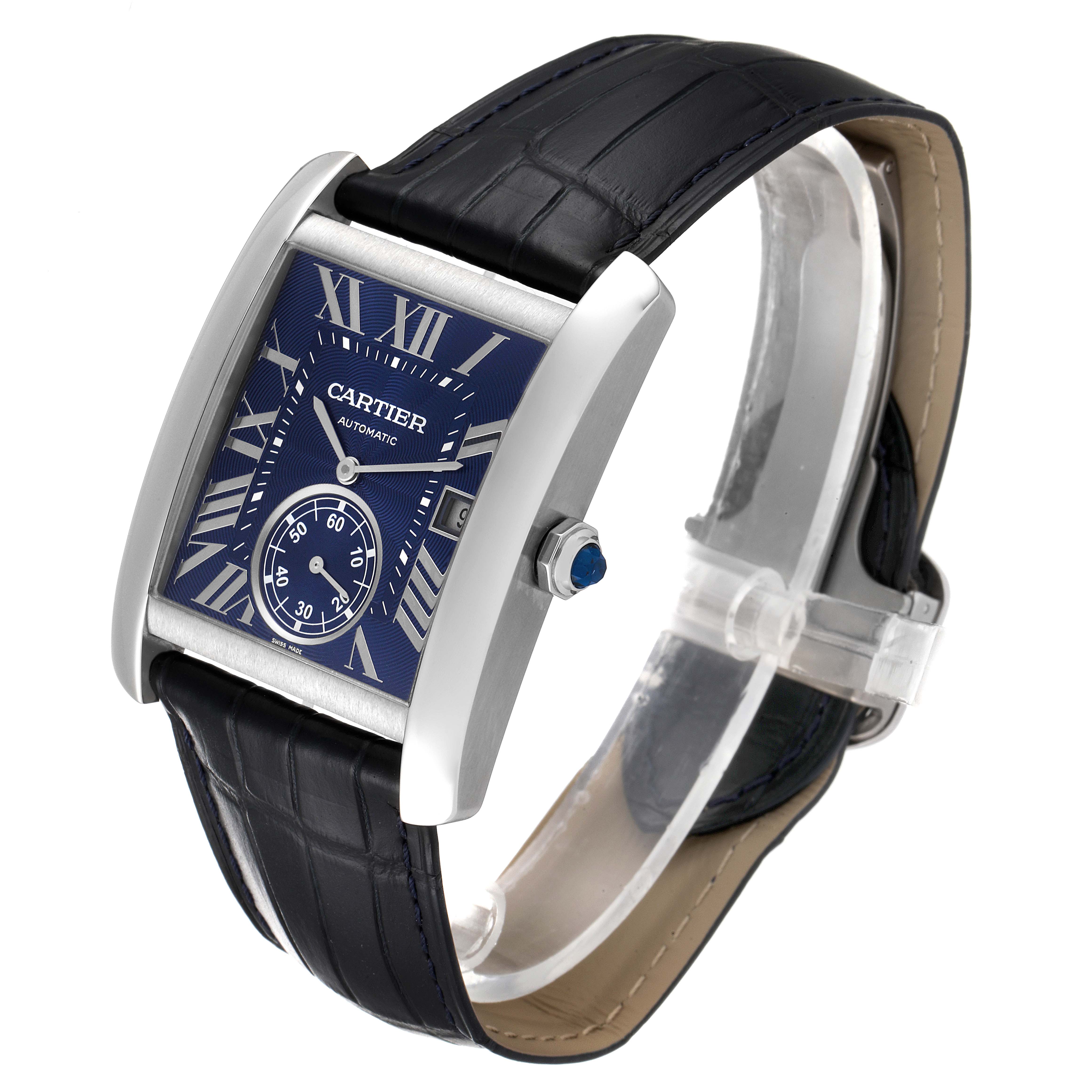 The Cartier Tank MC WSTA0010 Men's Stainless Steel Blue Dial WSTA0010 Men's Stainless Steel Blue Dial watch is shown at an angle highlighting its blue dial, Roman numerals, sub-dial, and black leather strap.