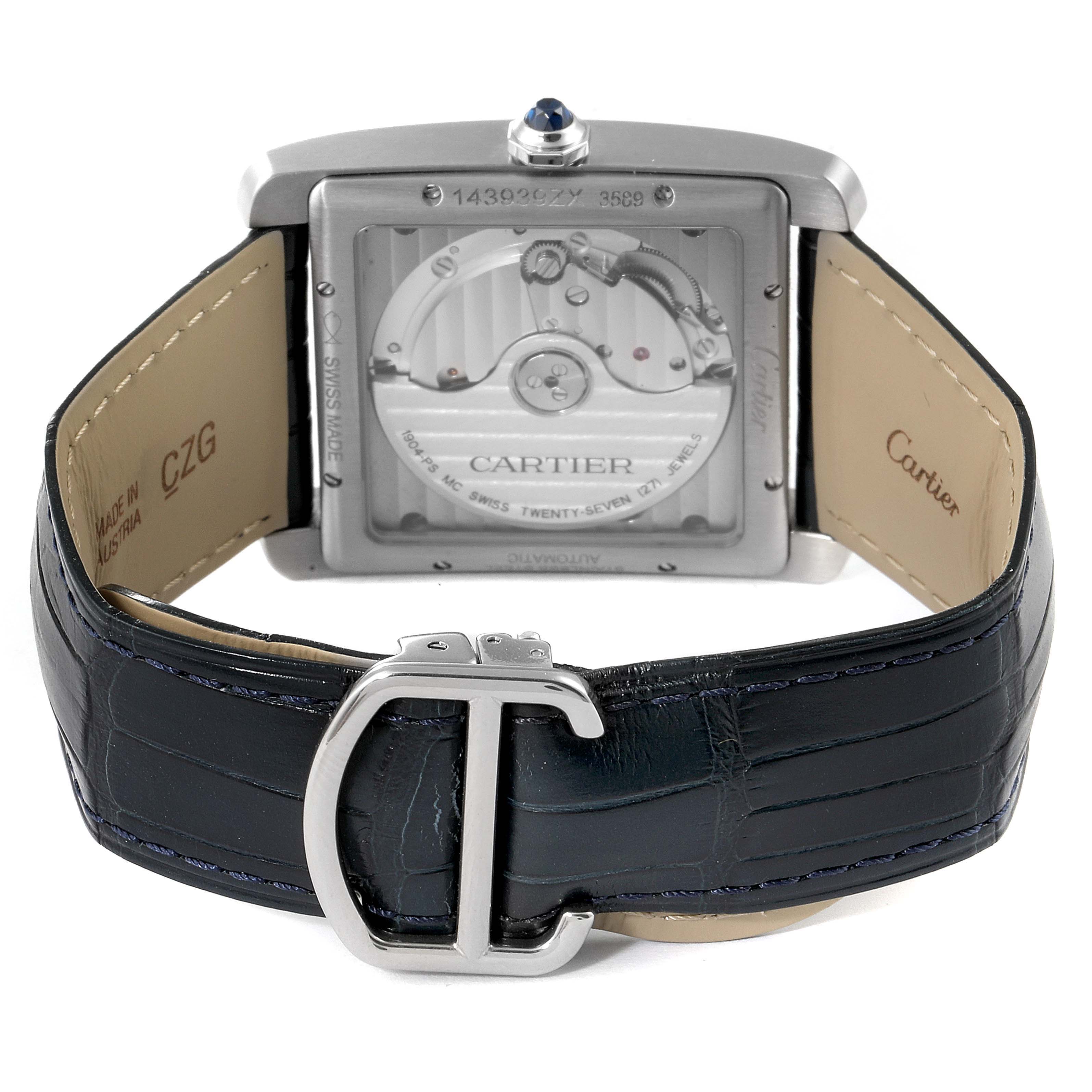 The image shows the back view of a Cartier Tank MC WSTA0010 Men's Stainless Steel Blue Dial WSTA0010 Men's Stainless Steel Blue Dial watch, highlighting its movement and strap buckle.