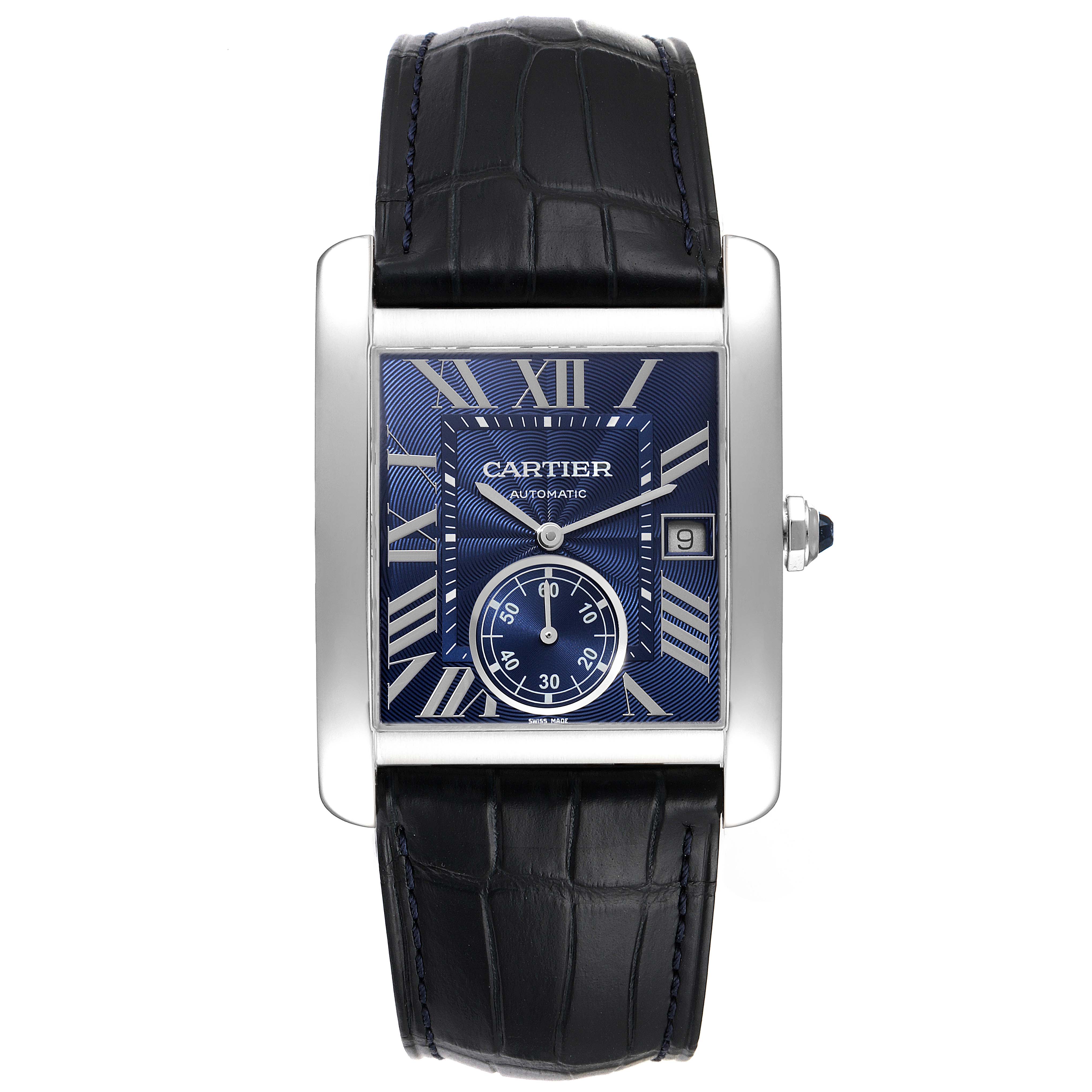 The image shows a front view of the Cartier Tank MC WSTA0010 Men's Stainless Steel Blue Dial WSTA0010 Men's Stainless Steel Blue Dial watch, including the face, dial, and leather strap.
