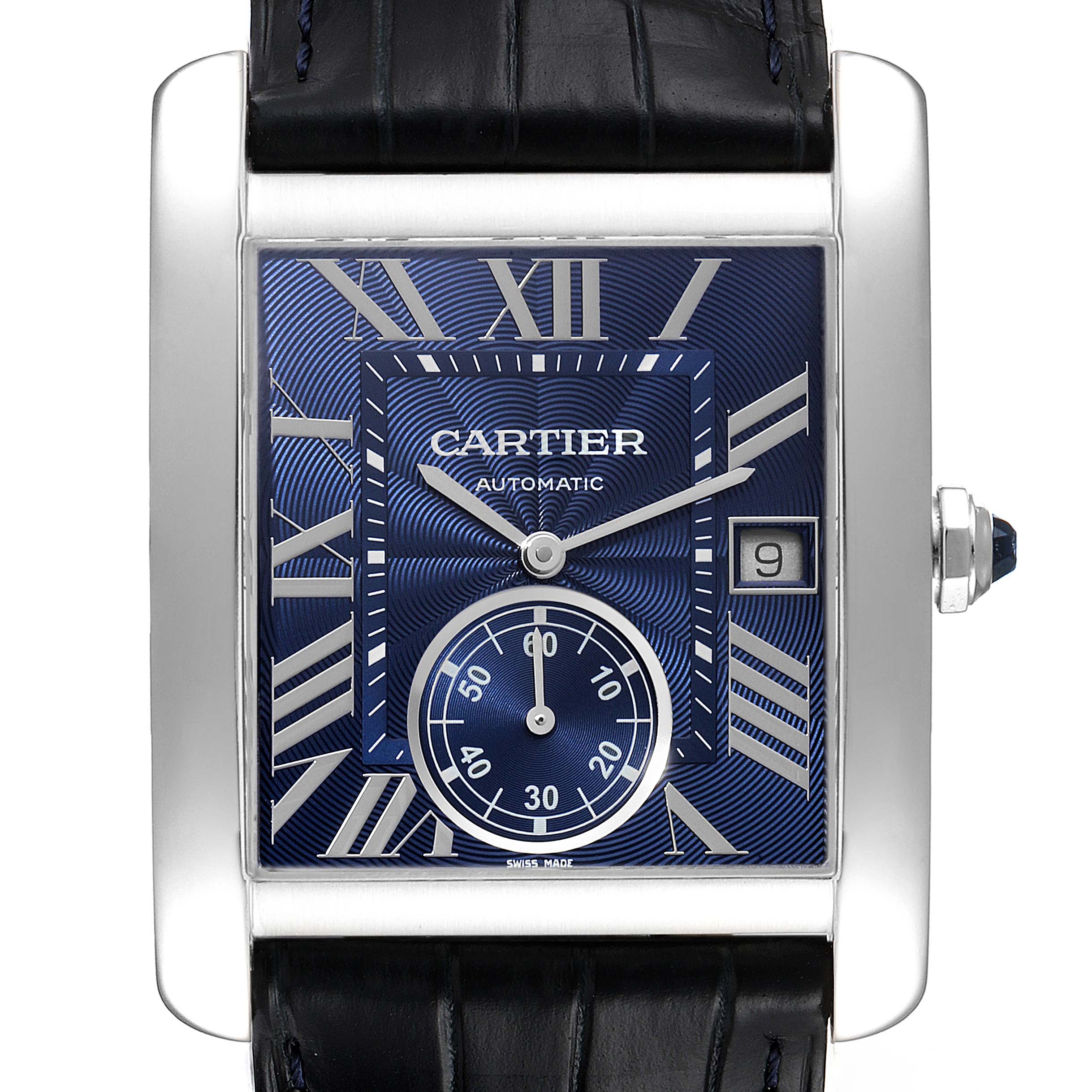 The image shows a front view of the Cartier Tank MC WSTA0010 Men's Stainless Steel Blue Dial WSTA0010 Men's Stainless Steel Blue Dial watch, featuring its blue dial, Roman numerals, date display, and leather strap.