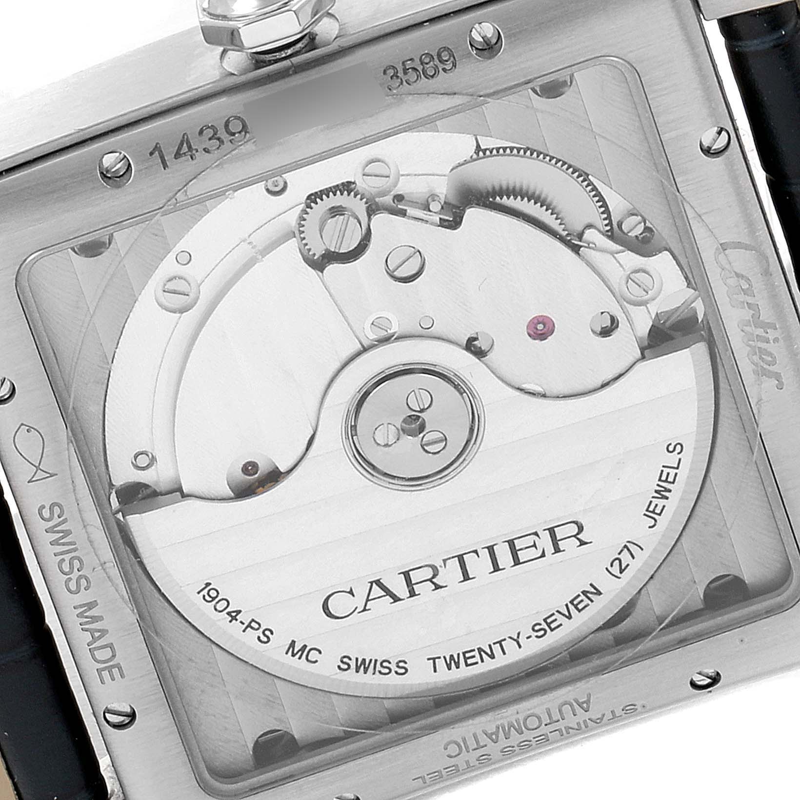 The image shows the back view of a Cartier Tank MC WSTA0010 Men's Stainless Steel Blue Dial WSTA0010 Men's Stainless Steel Blue Dial watch, displaying its movement and inner mechanisms.