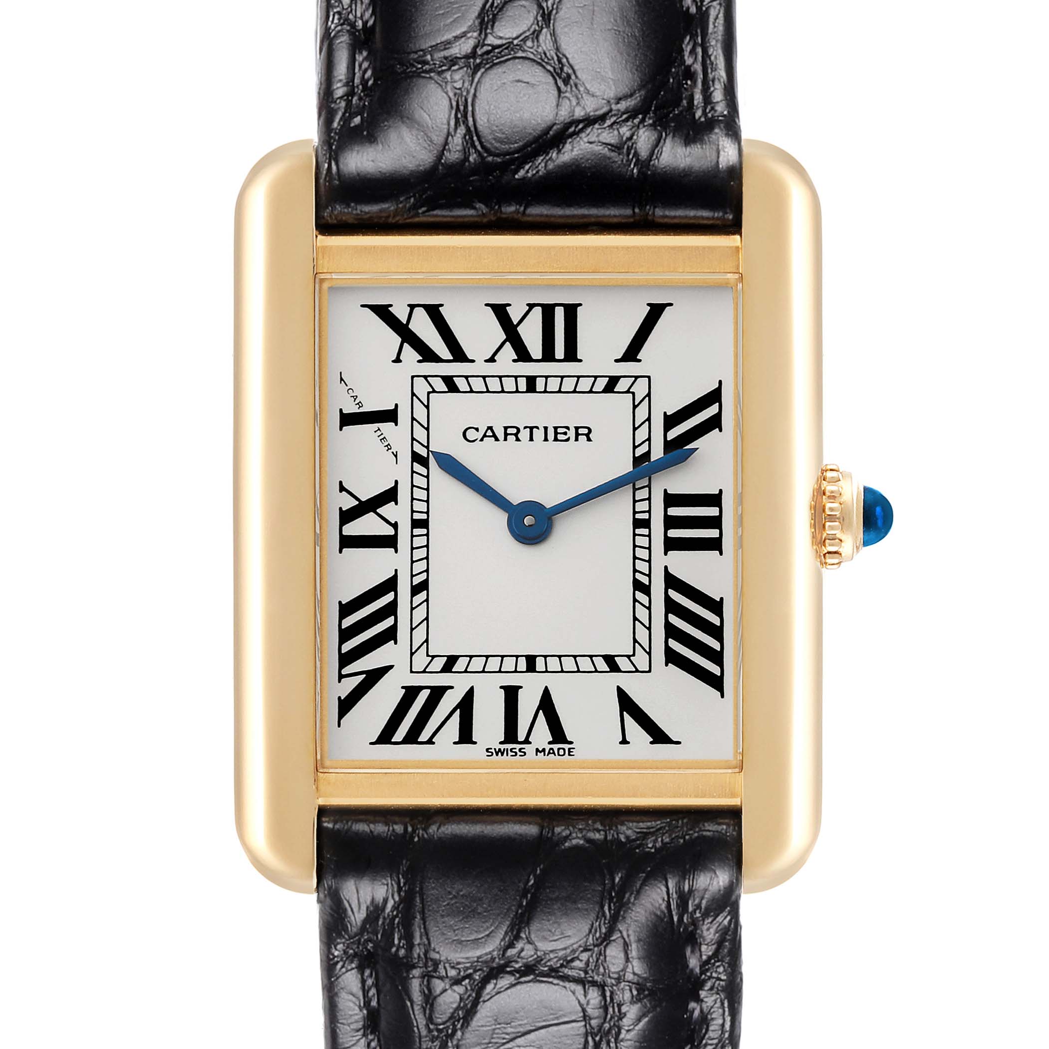 The Cartier Tank Solo W1018755 Women's Steel and Gold (two tone) Silver Dial W1018755 Women's Steel and Gold (two tone) Silver Dial watch is shown from a front angle, highlighting its face, Roman numerals, and black leather strap.