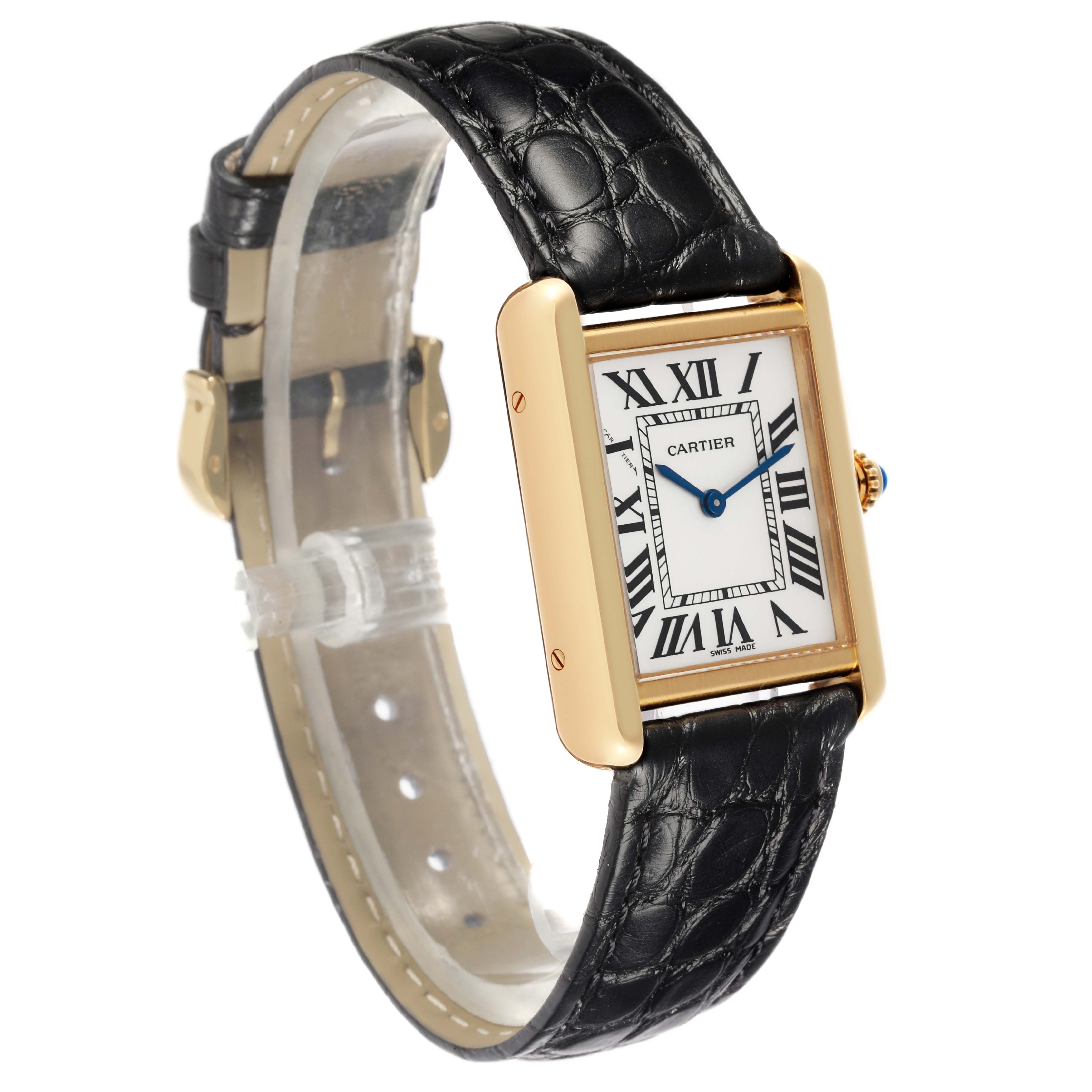 The Cartier Tank Solo W1018755 Women's Steel and Gold (two tone) Silver Dial W1018755 Women's Steel and Gold (two tone) Silver Dial watch is shown at an angle highlighting the face, case, strap, and crown with its distinctive blue cabochon.