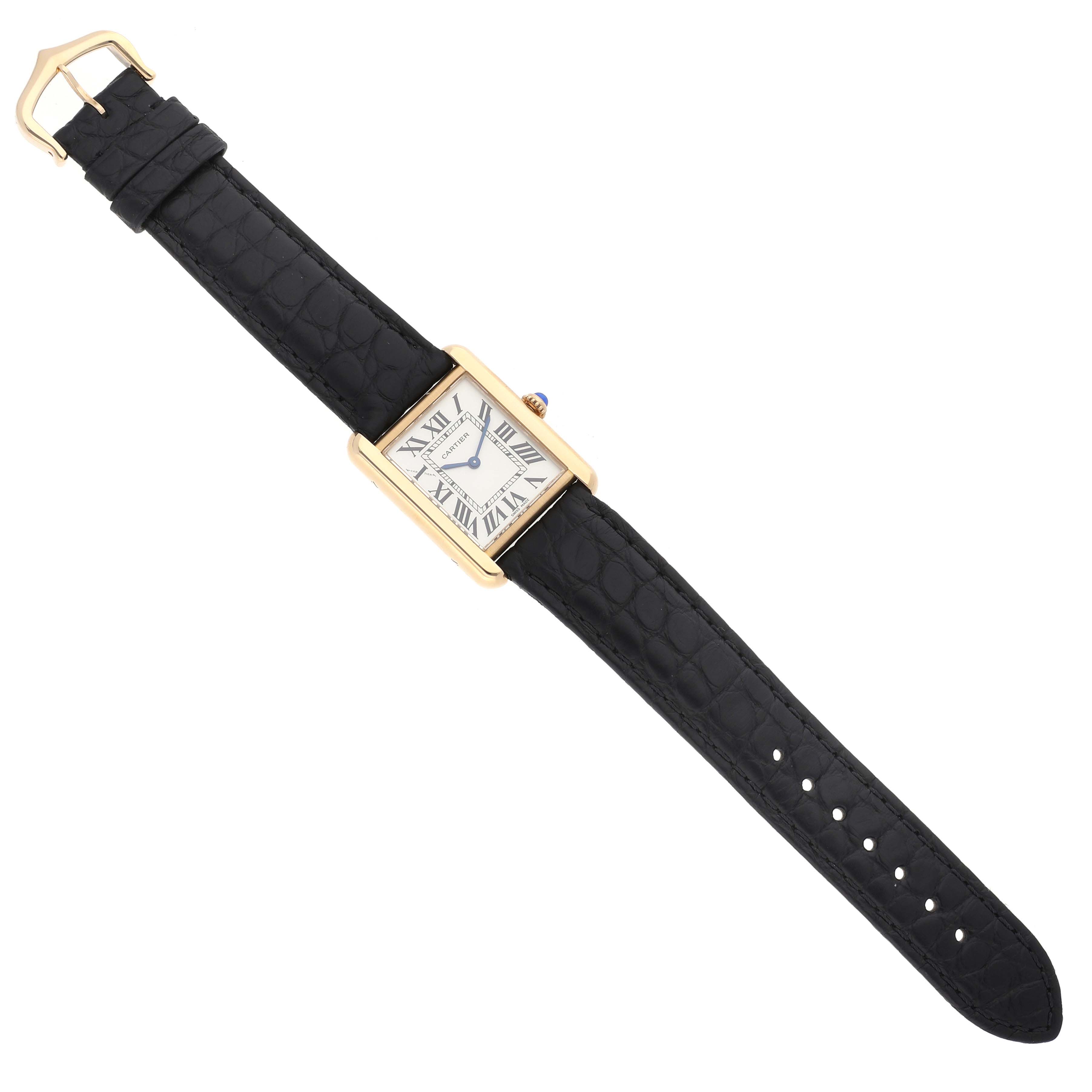 The Cartier Tank Solo W1018755 Women's Steel and Gold (two tone) Silver Dial W1018755 Women's Steel and Gold (two tone) Silver Dial watch is shown from a top-down angle, displaying the face, strap, and buckle.