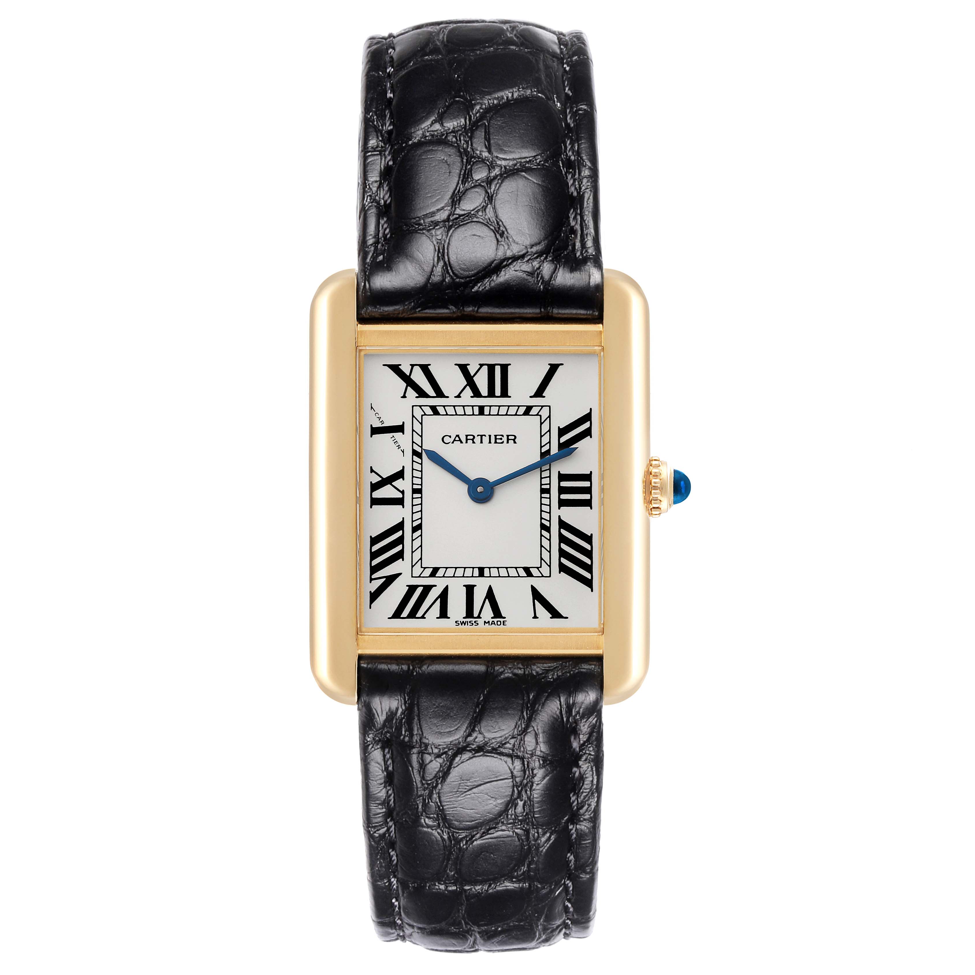 The Cartier Tank Solo W1018755 Women's Steel and Gold (two tone) Silver Dial W1018755 Women's Steel and Gold (two tone) Silver Dial watch is shown from a front angle, displaying the face, case, crown, and leather strap.