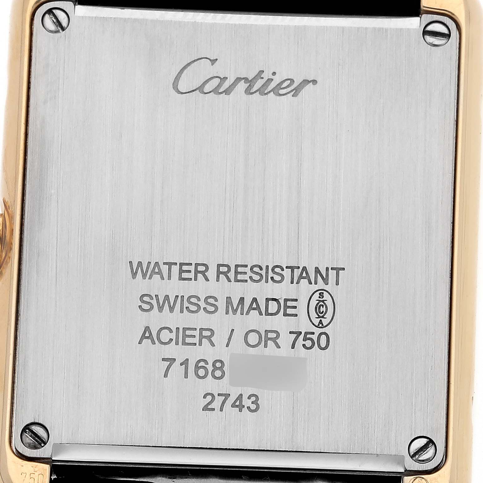 The image shows the back case of the Cartier Tank Solo W1018755 Women's Steel and Gold (two tone) Silver Dial W1018755 Women's Steel and Gold (two tone) Silver Dial watch, featuring branding and specifications.