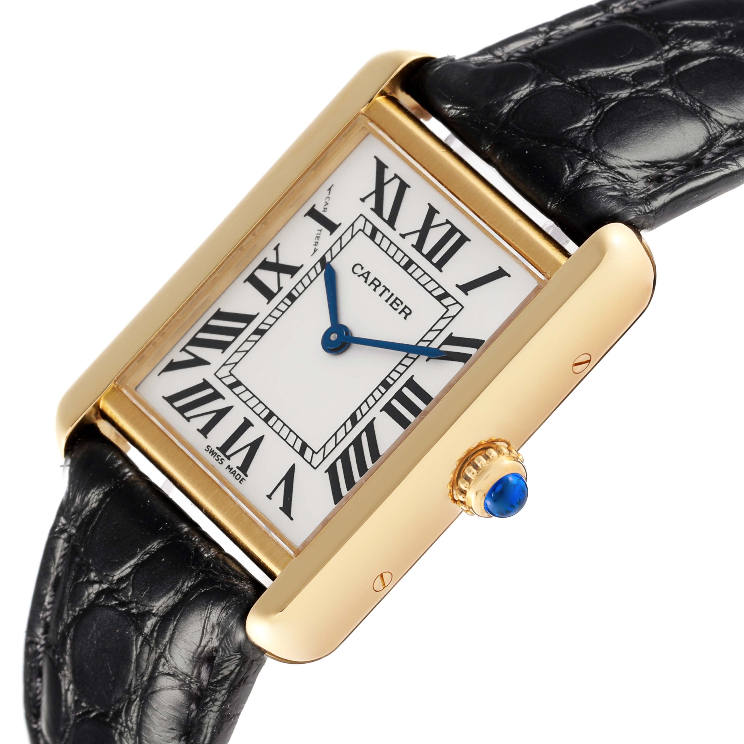 The Cartier Tank Solo W1018755 Women's Steel and Gold (two tone) Silver Dial W1018755 Women's Steel and Gold (two tone) Silver Dial watch is shown at an angle highlighting the face, crown, and part of the strap.