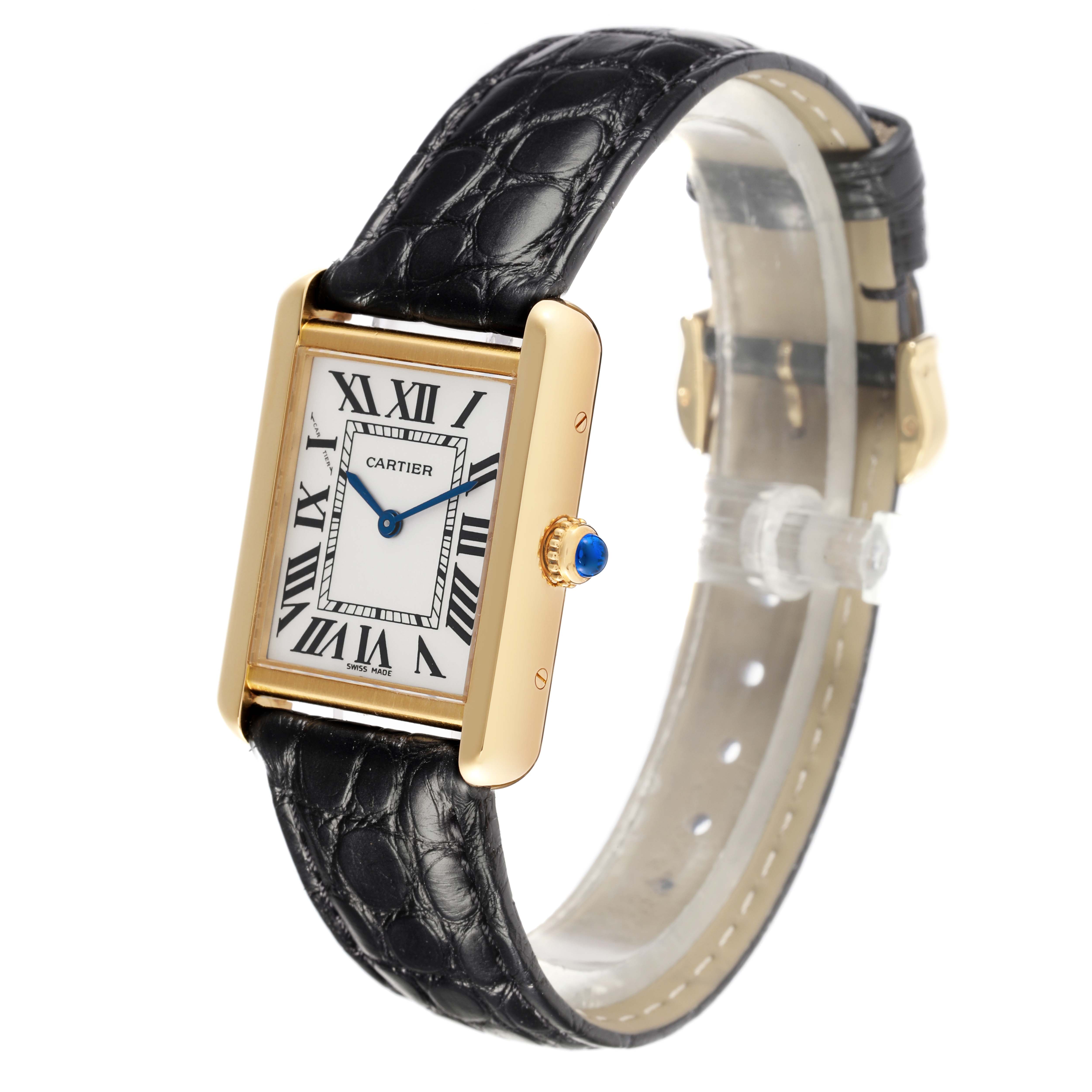 The Cartier Tank Solo W1018755 Women's Steel and Gold (two tone) Silver Dial W1018755 Women's Steel and Gold (two tone) Silver Dial watch is shown at an angled side view, displaying the face, crown, and leather strap.