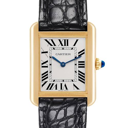 The Cartier Tank Solo watch is shown from a front angle, displaying its dial, strap, and side crown.