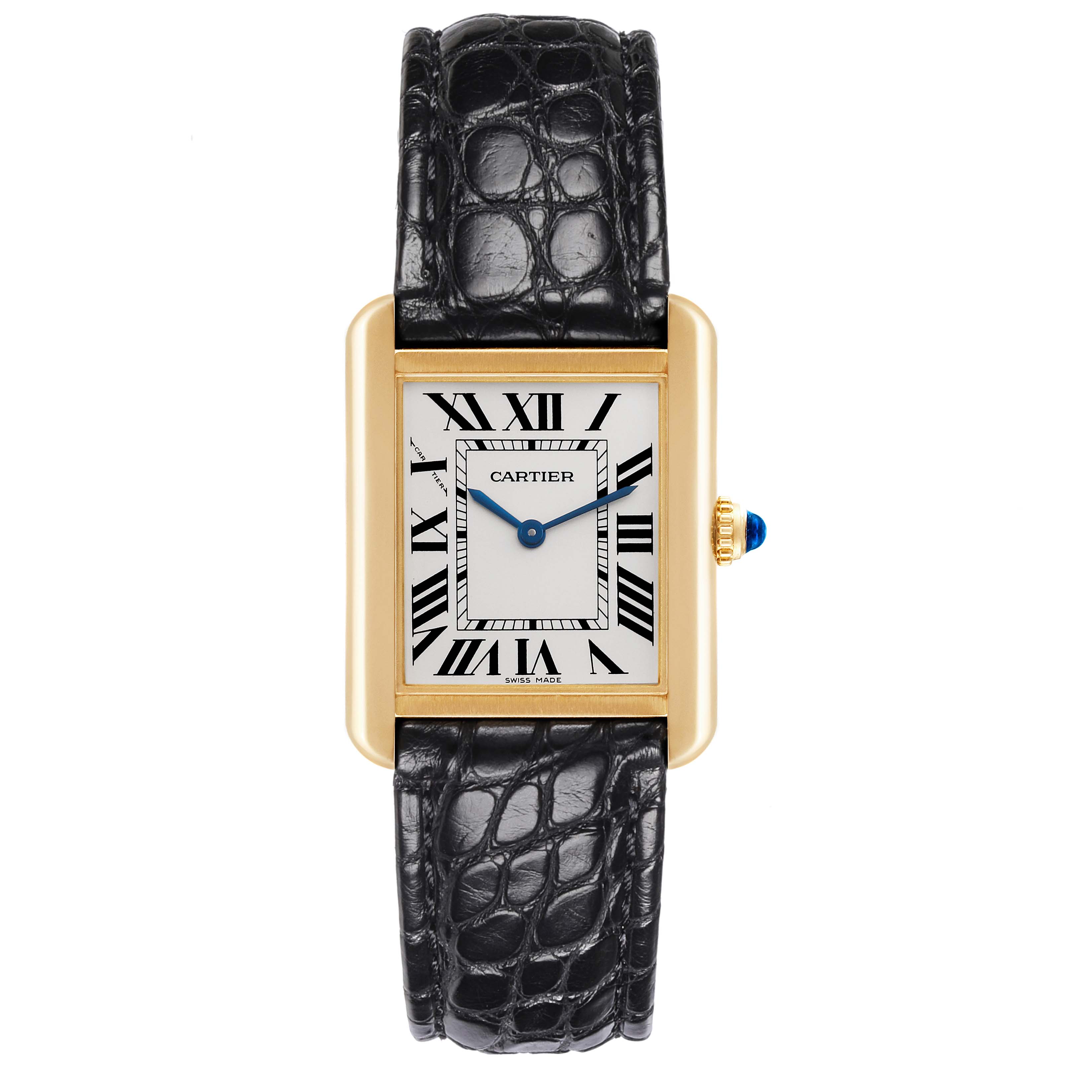 The Cartier Tank Solo W5200002 Women's Steel and Gold (two tone) Silver Dial W5200002 Women's Steel and Gold (two tone) Silver Dial watch is shown face-on, displaying its rectangular case, black alligator strap, and blue hands.