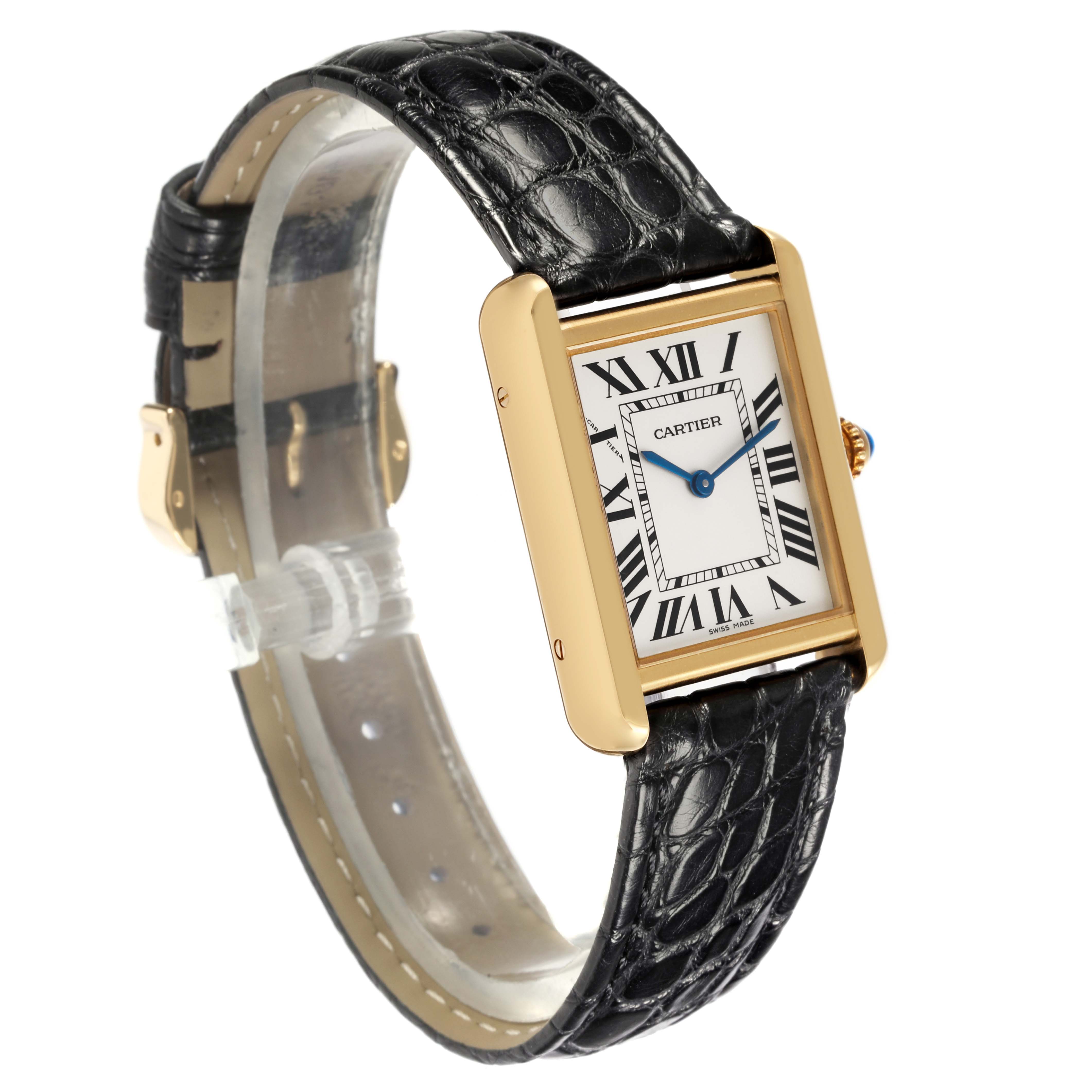 The Cartier Tank Solo W5200002 Women's Steel and Gold (two tone) Silver Dial W5200002 Women's Steel and Gold (two tone) Silver Dial watch is shown at an angled view, displaying its face, leather strap, and gold case.
