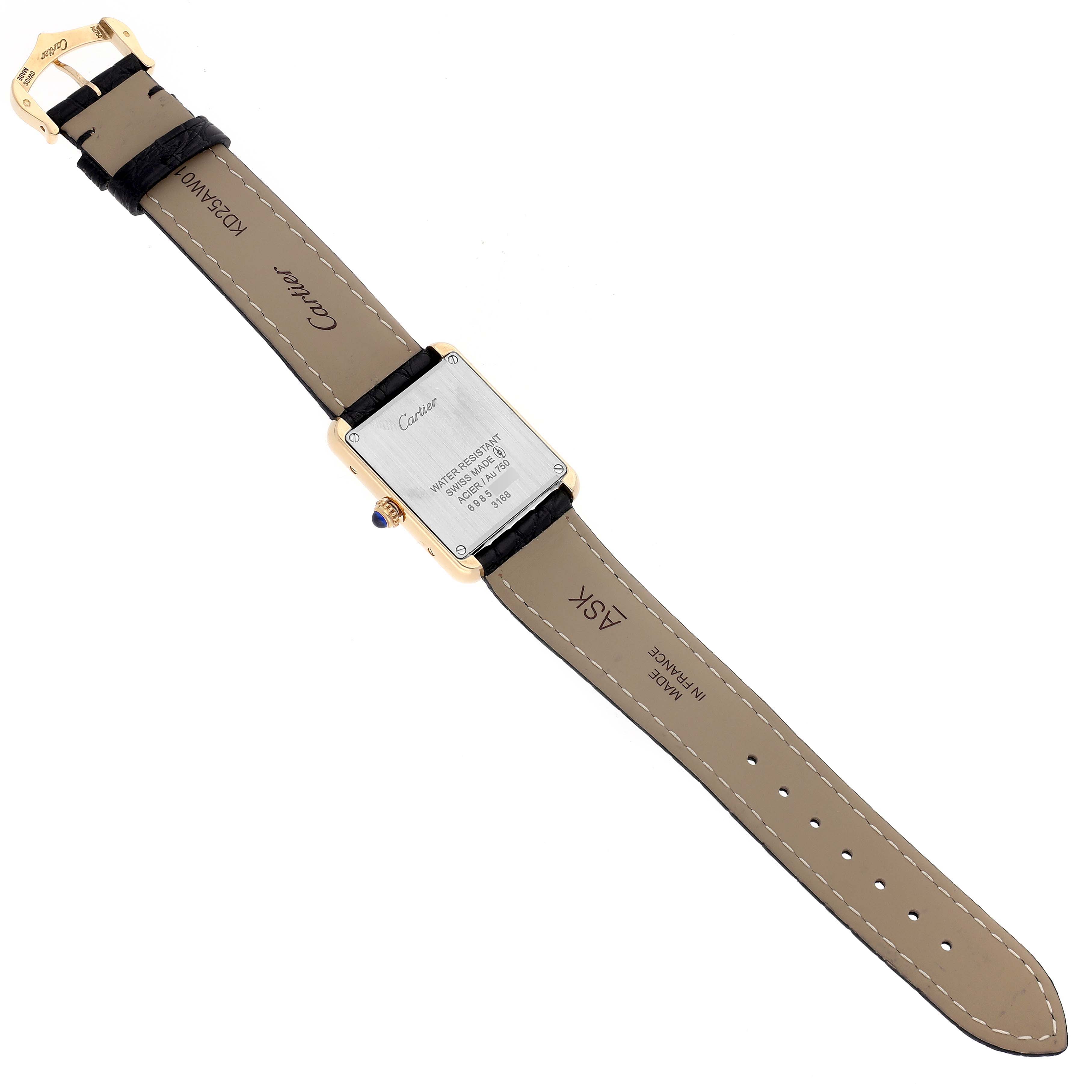 The Cartier Tank Solo W5200002 Women's Steel and Gold (two tone) Silver Dial W5200002 Women's Steel and Gold (two tone) Silver Dial watch is shown from the back, highlighting the strap, buckle, and case back details.