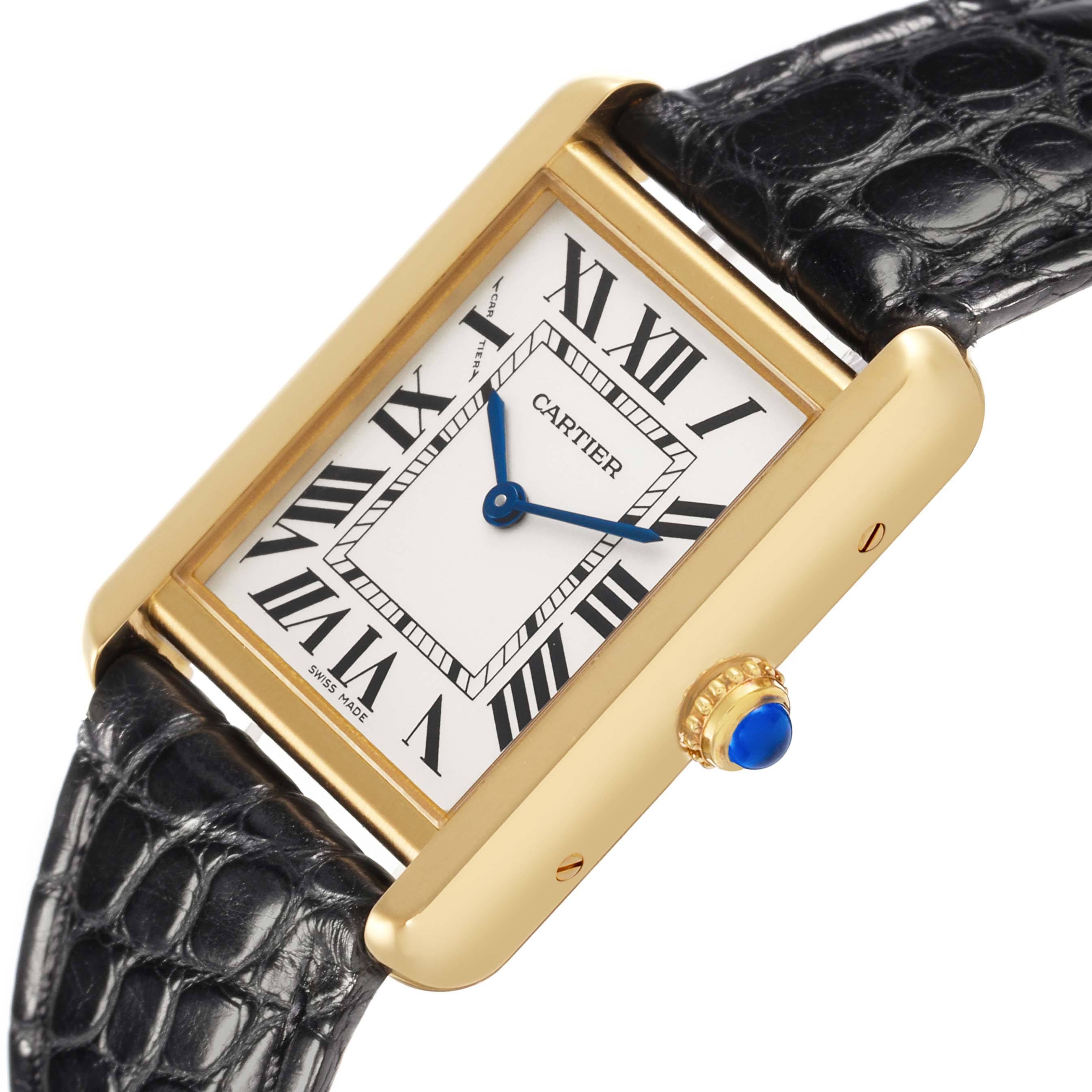 The Cartier Tank Solo W5200002 Women's Steel and Gold (two tone) Silver Dial W5200002 Women's Steel and Gold (two tone) Silver Dial watch is shown from a diagonal angle, highlighting the dial, gold case, crown, and leather strap.