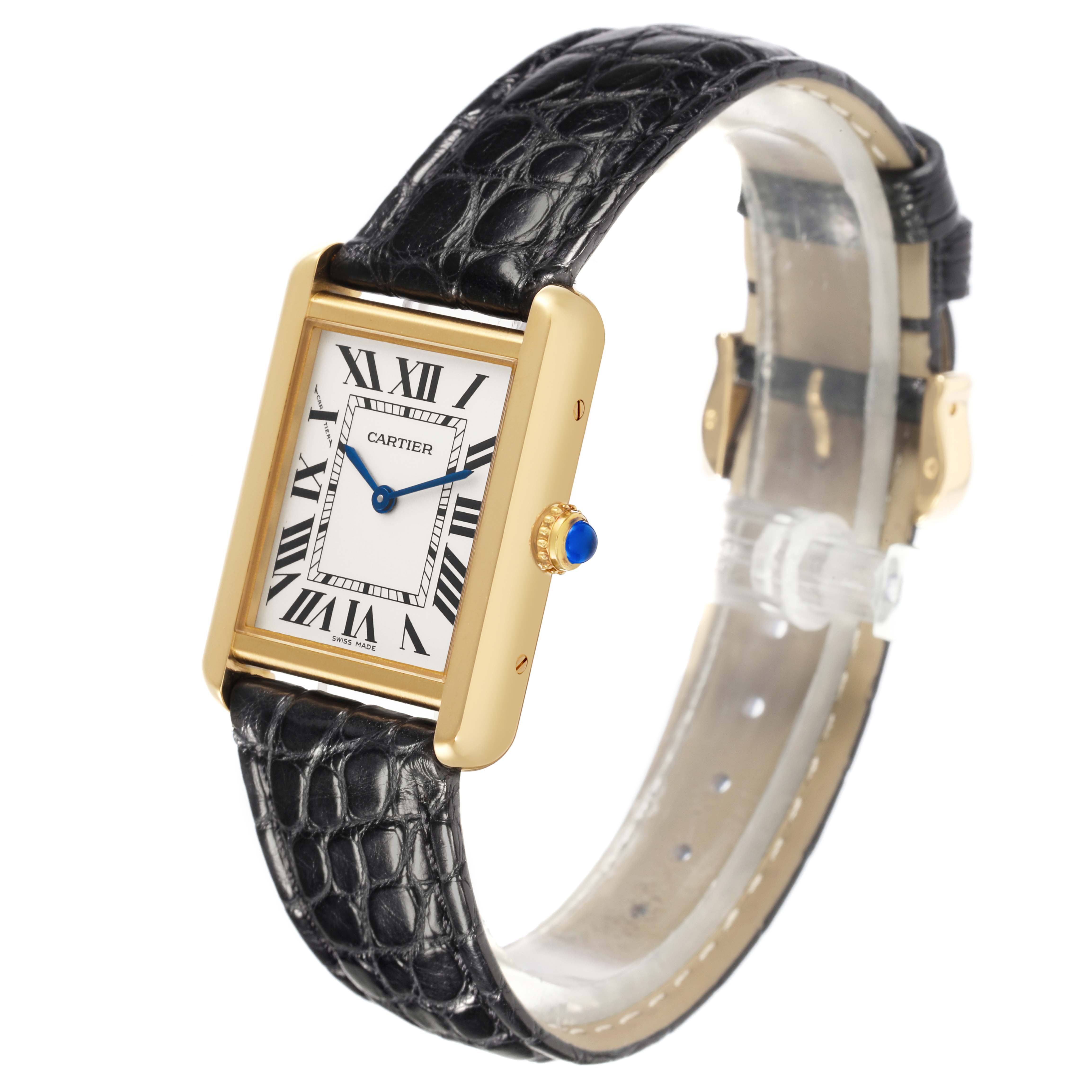 The Cartier Tank Solo W5200002 Women's Steel and Gold (two tone) Silver Dial W5200002 Women's Steel and Gold (two tone) Silver Dial watch is shown at a three-quarter angle, displaying the face, crown with a blue cabochon, and leather strap.