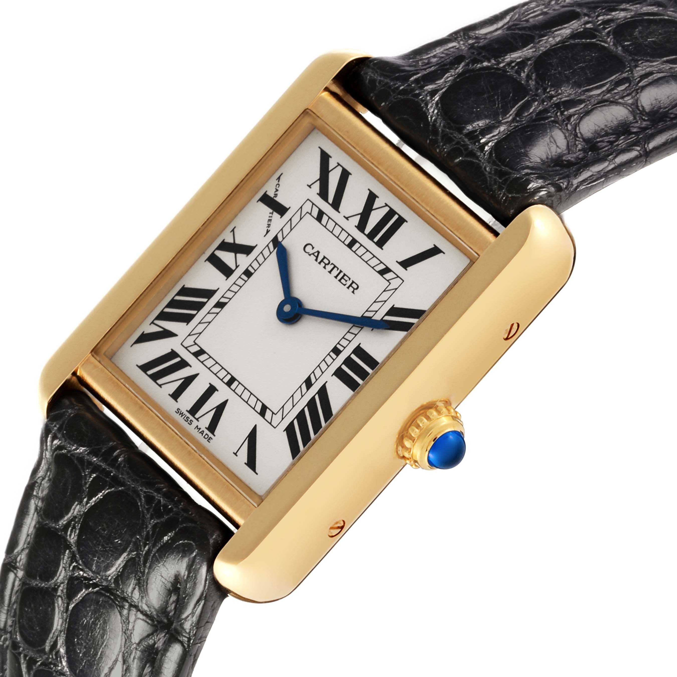 The Cartier Tank Solo W5200002 Women's Steel and Gold (two tone) Silver Dial W5200002 Women's Steel and Gold (two tone) Silver Dial watch is shown at an angle highlighting the face, crown, and part of the leather strap.