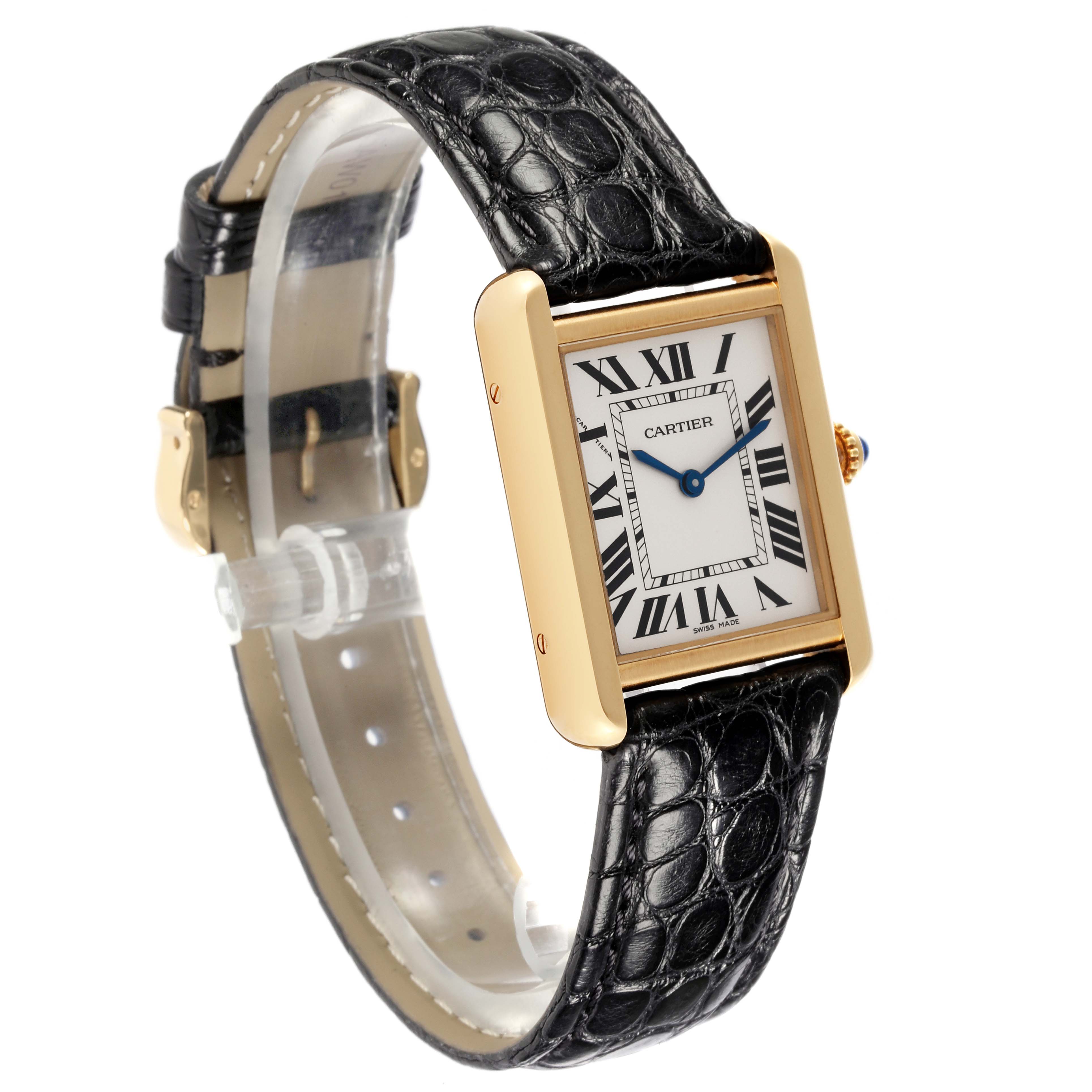 The Cartier Tank Solo W5200002 Women's Steel and Gold (two tone) Silver Dial W5200002 Women's Steel and Gold (two tone) Silver Dial watch is shown from a slight angled side view, displaying the face, case, and black leather strap.