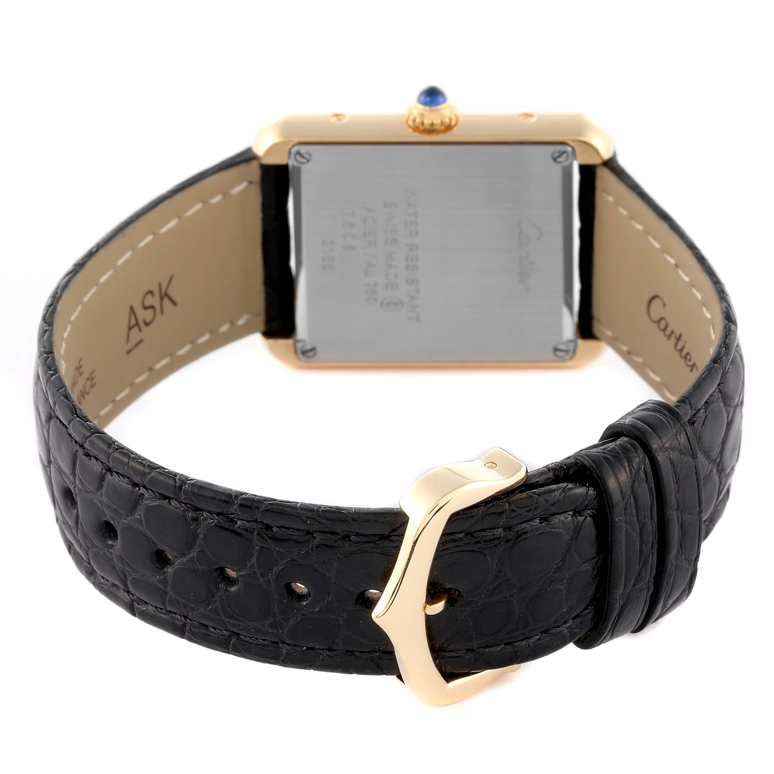 The Cartier Tank Solo W5200002 Women's Steel and Gold (two tone) Silver Dial W5200002 Women's Steel and Gold (two tone) Silver Dial is shown from the back, highlighting the strap, buckle, and case back.