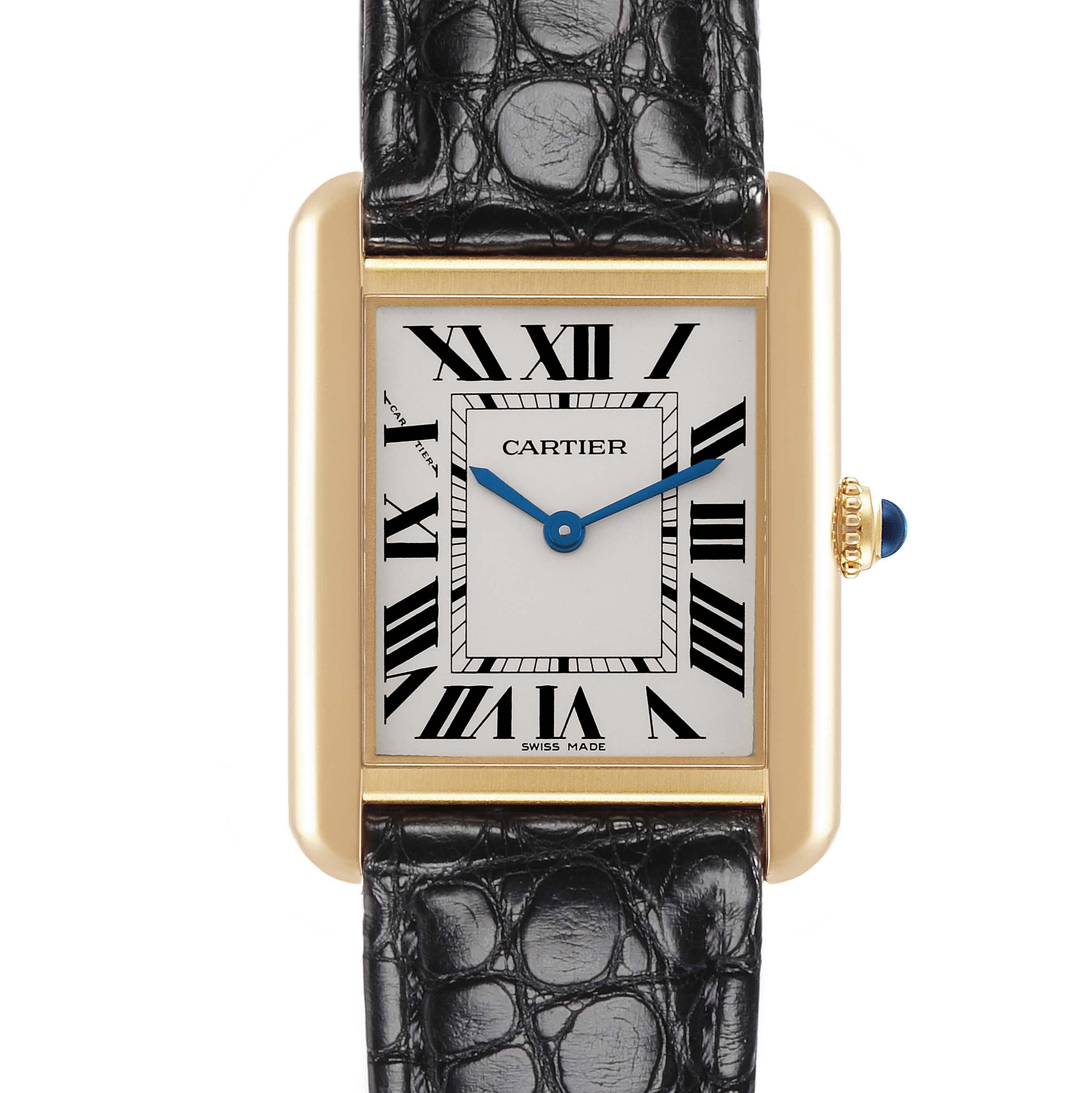 The Cartier Tank Solo W5200002 Women's Steel and Gold (two tone) Silver Dial W5200002 Women's Steel and Gold (two tone) Silver Dial watch is shown from the front, highlighting its rectangular face and black strap.