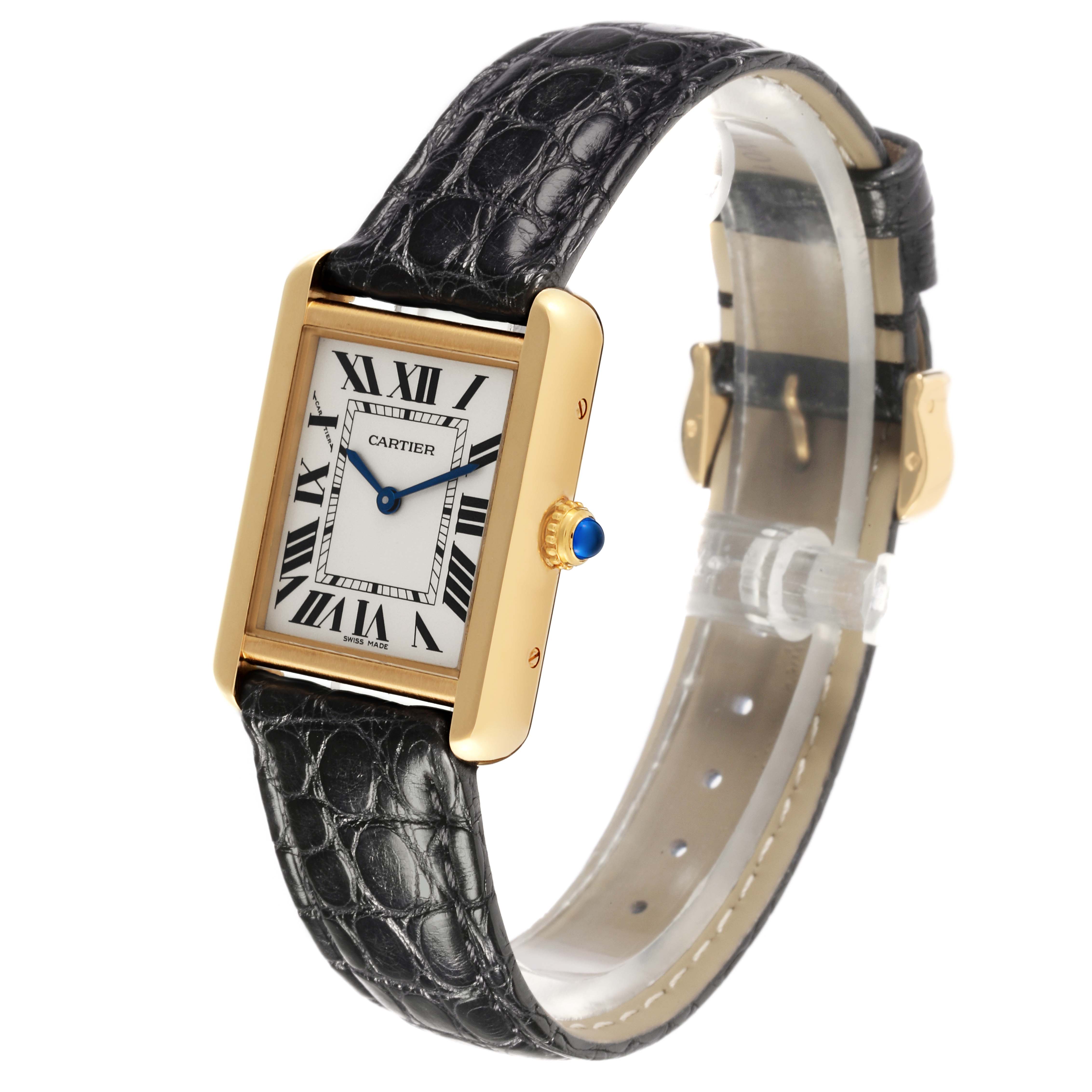 The Cartier Tank Solo W5200002 Women's Steel and Gold (two tone) Silver Dial W5200002 Women's Steel and Gold (two tone) Silver Dial watch is shown from a front-left angle, displaying its rectangular face and black leather strap.