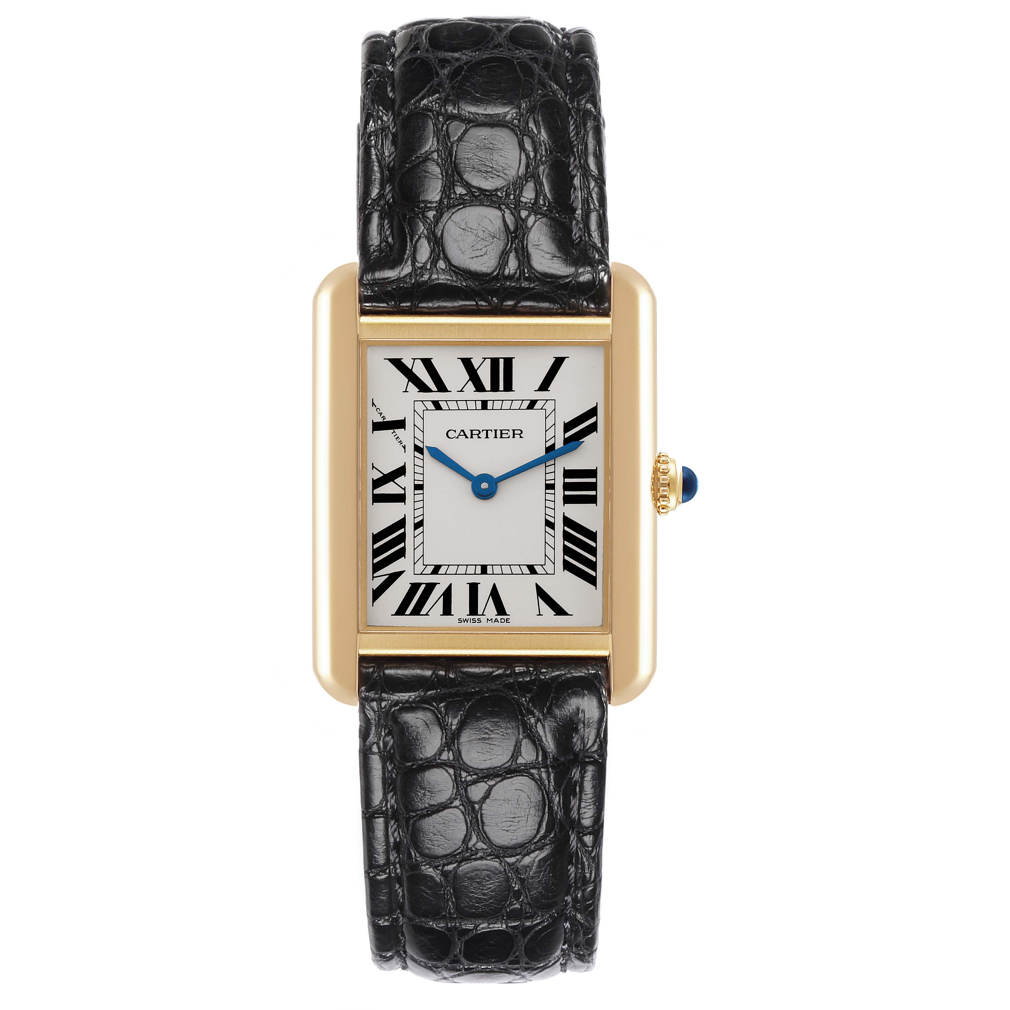 The Cartier Tank Solo W5200002 Women's Steel and Gold (two tone) Silver Dial W5200002 Women's Steel and Gold (two tone) Silver Dial watch is shown from the front, displaying its rectangular face and black leather strap.