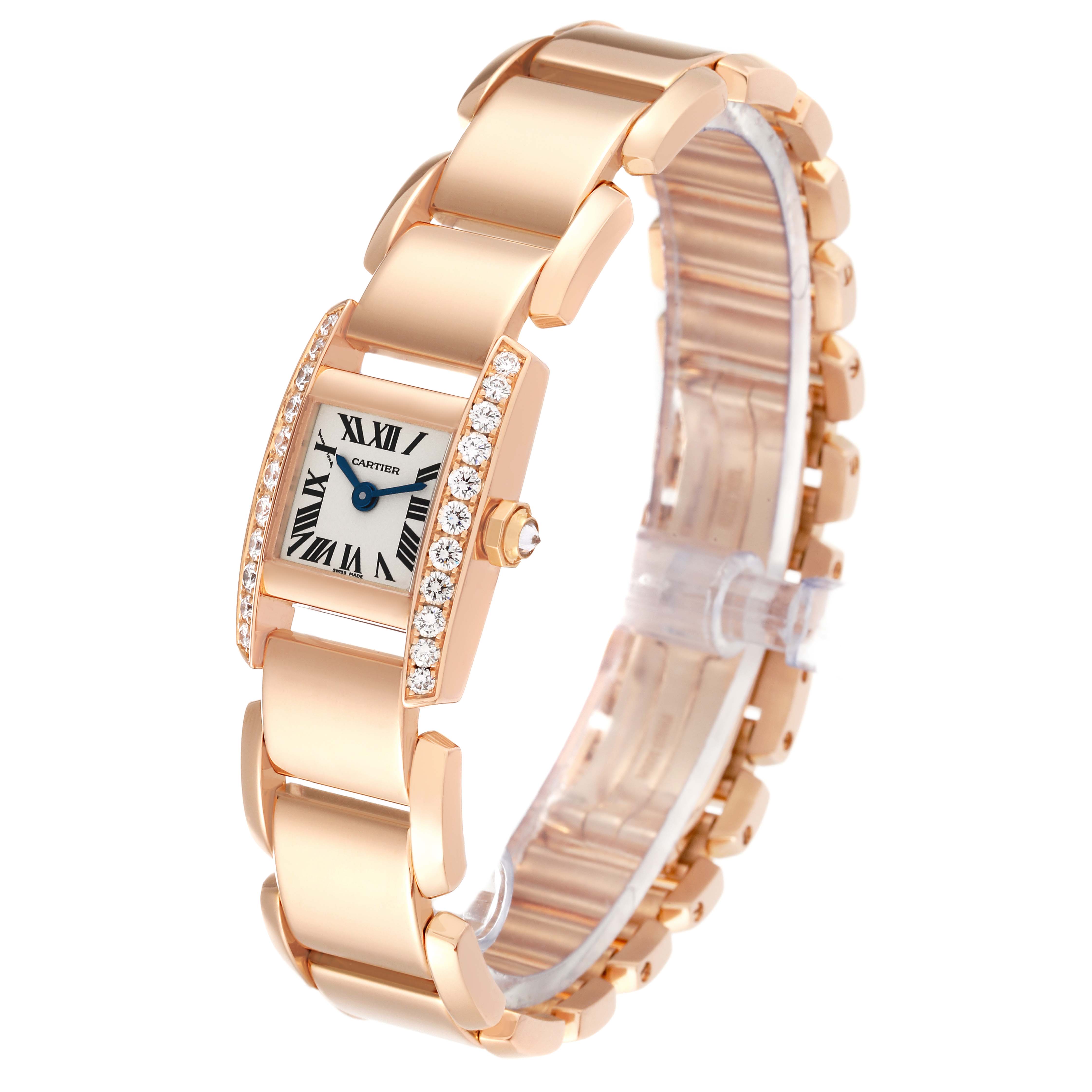 The Cartier Tankissime WE70058H Women
s Rose Gold Silver Dial WE70058H Women
s Rose Gold Silver Dial watch is shown at a three-quarter angle, highlighting the bracelet, case, and diamond-decorated bezel.