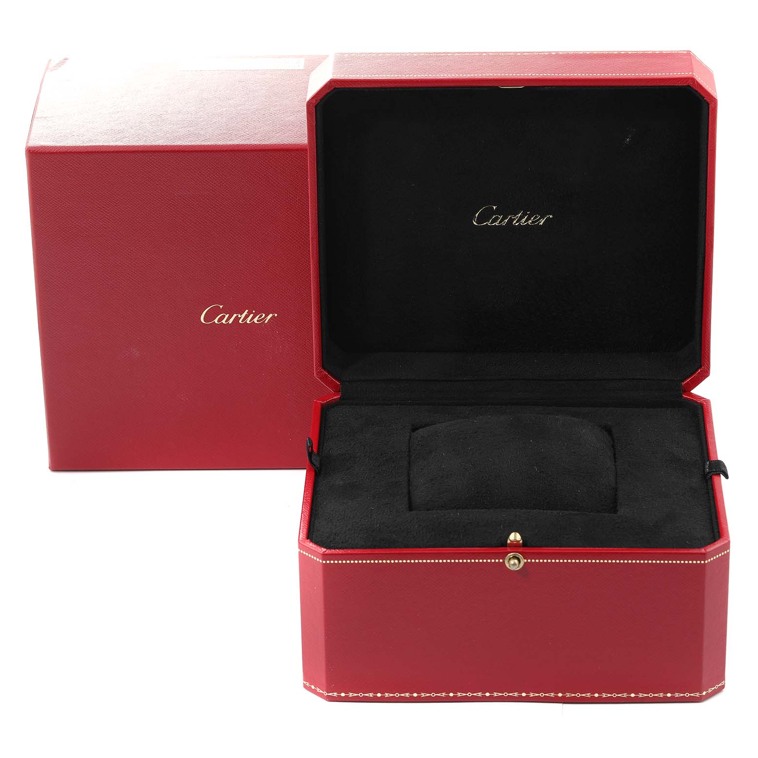 This image shows the open red box and outer packaging for the Tankissime model by Cartier.